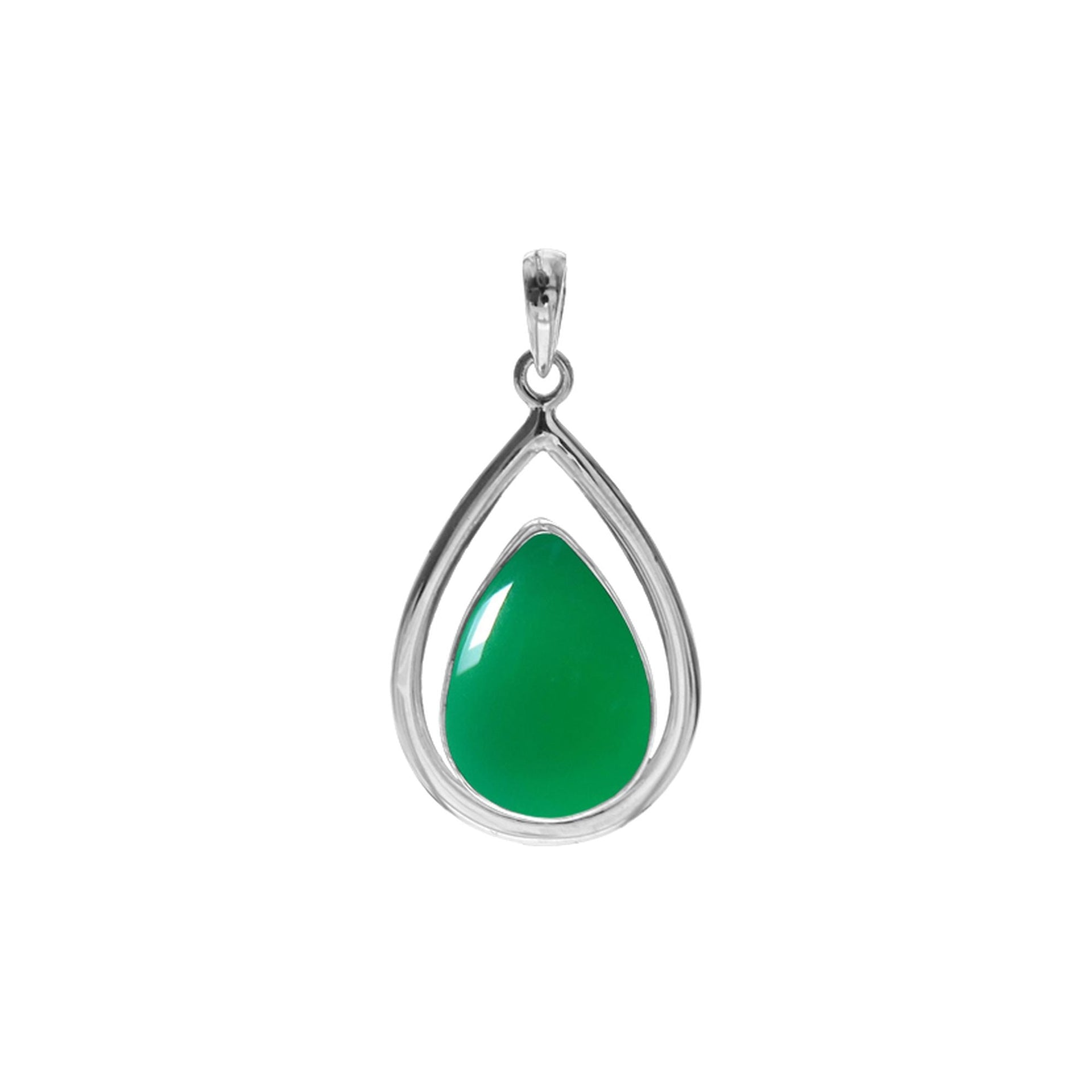 Teardrop green agate 14x18mm with silver frame pendant
