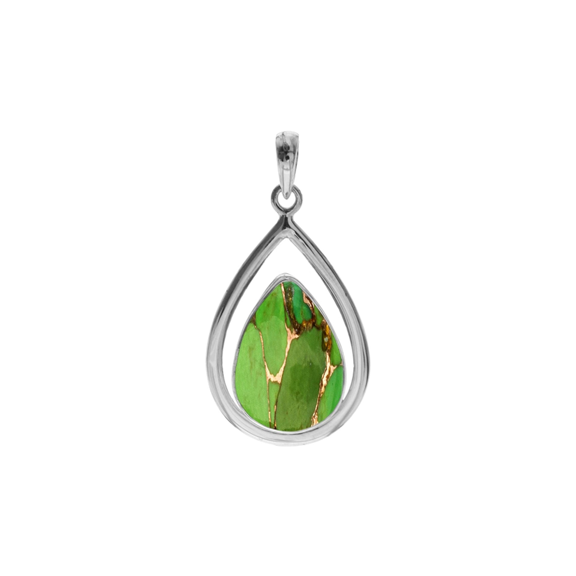 Teardrop green mohave 14x18mm with silver frame pendant