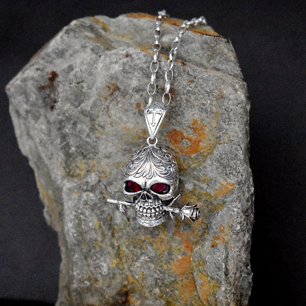 Harley skull with rose and CZ eyes pendant