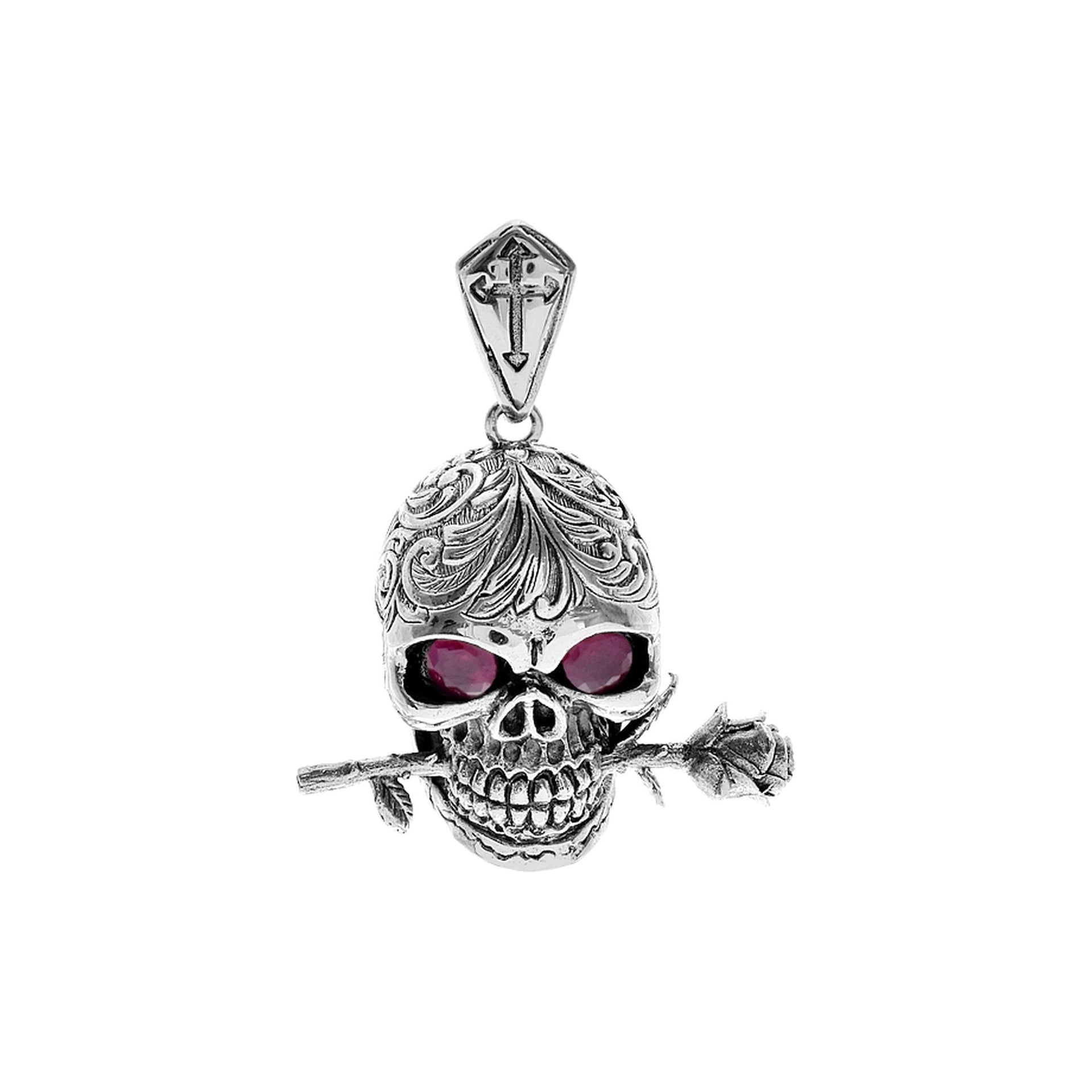 Harley skull with rose and CZ eyes pendant