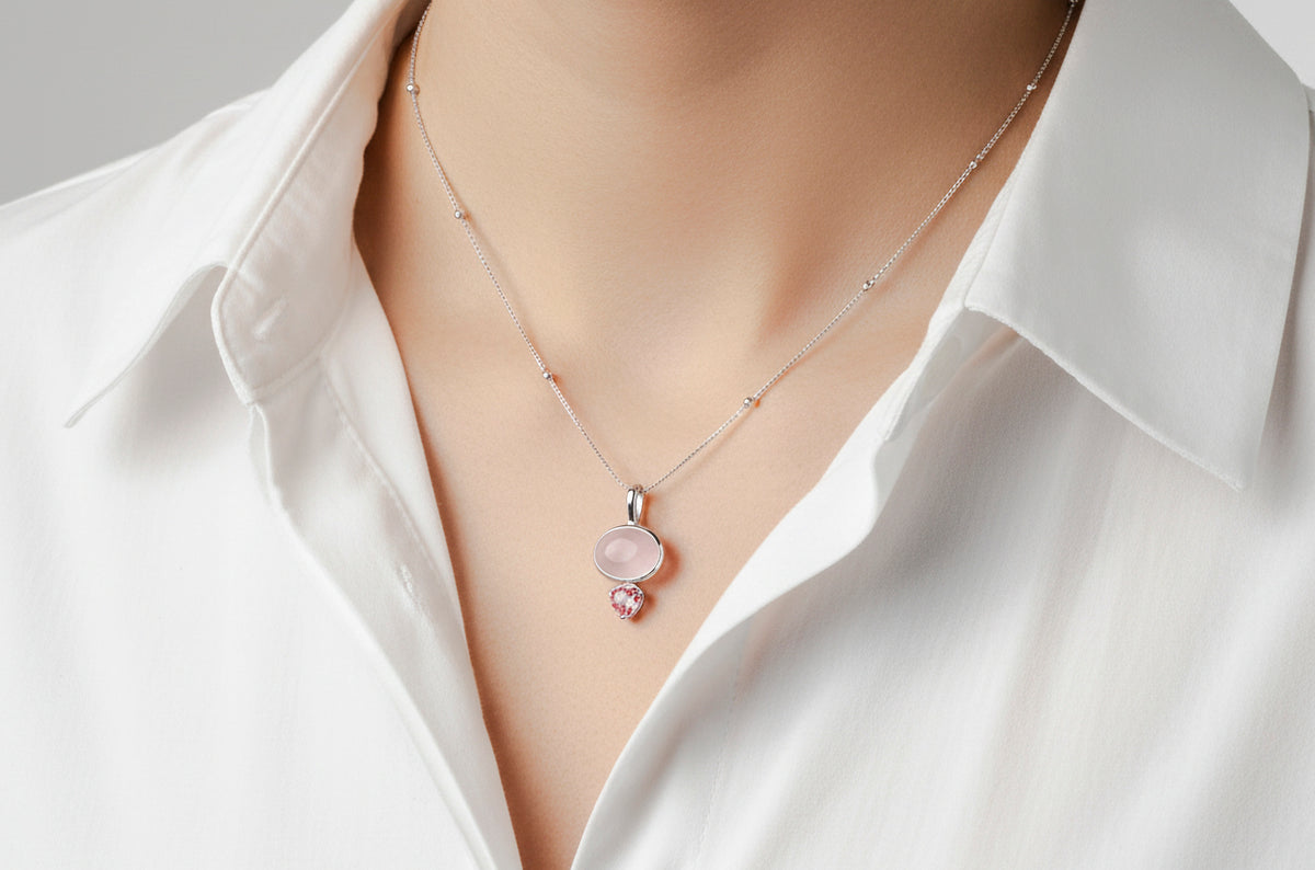 Samira rose quartz oval & heart pendant