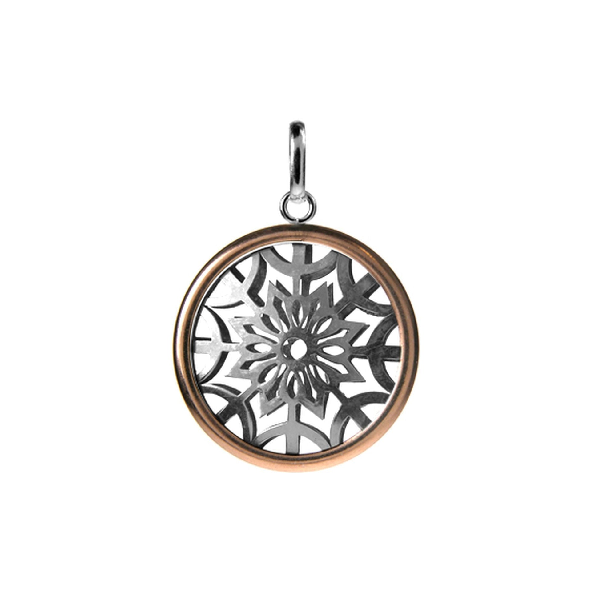 Decorative disc within rose gold plated hoop pendant