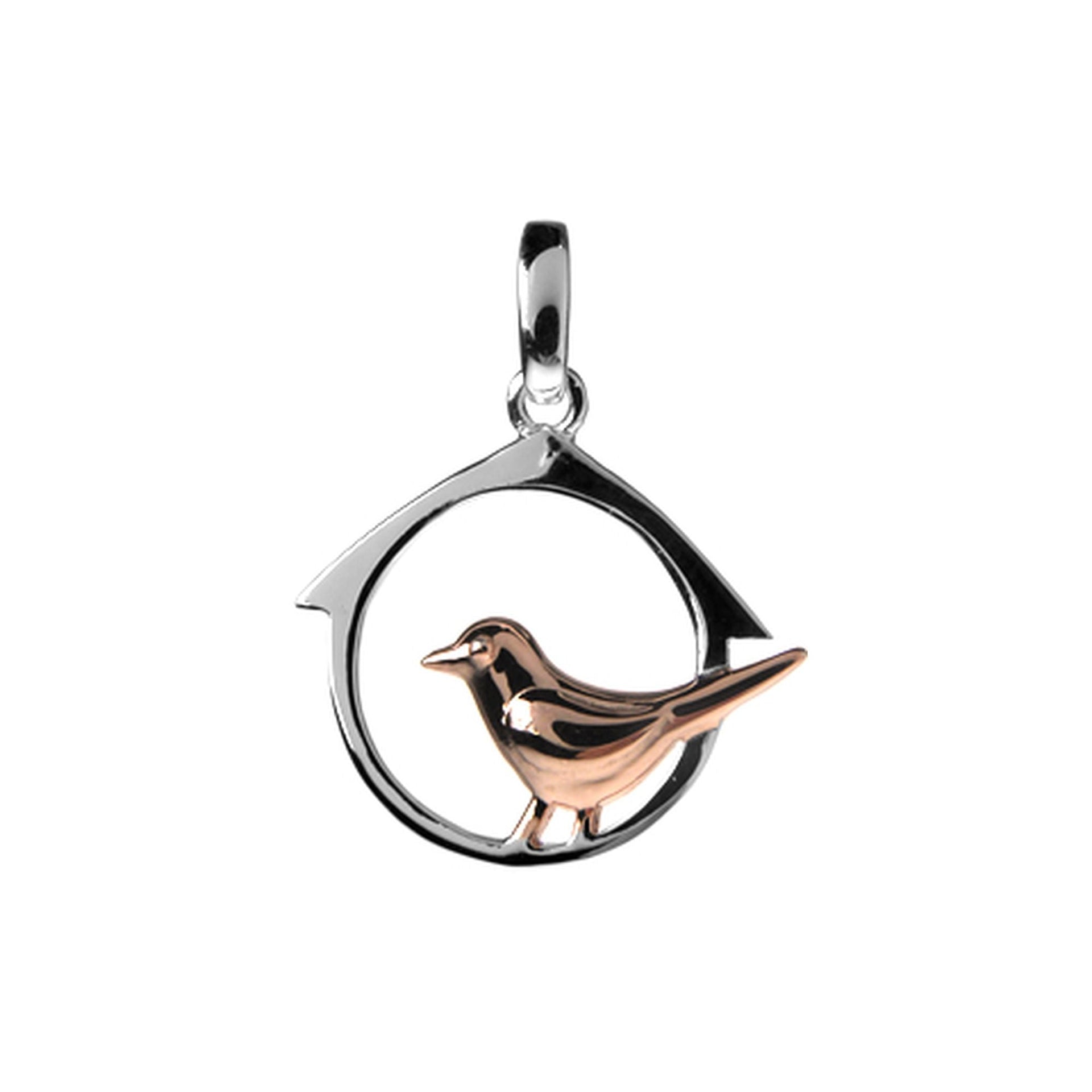 Rose gold plated bird perched in nest box pendant