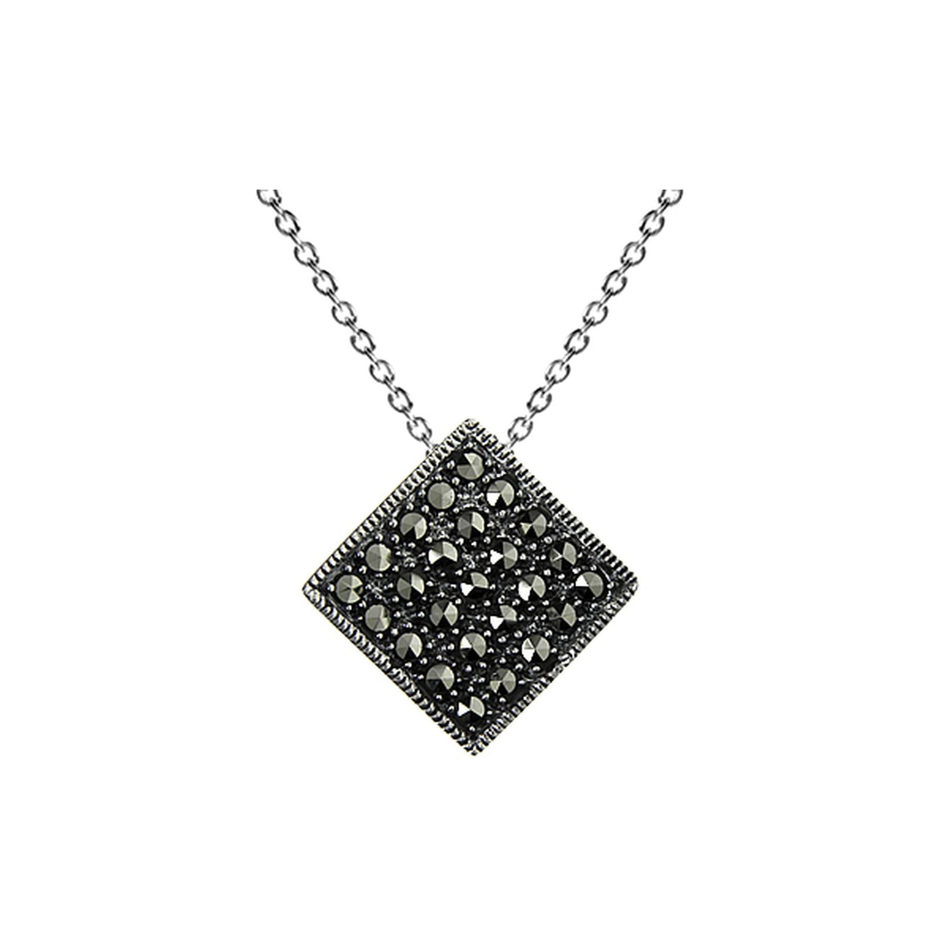 Marcasite concaved offset square pendant with chain