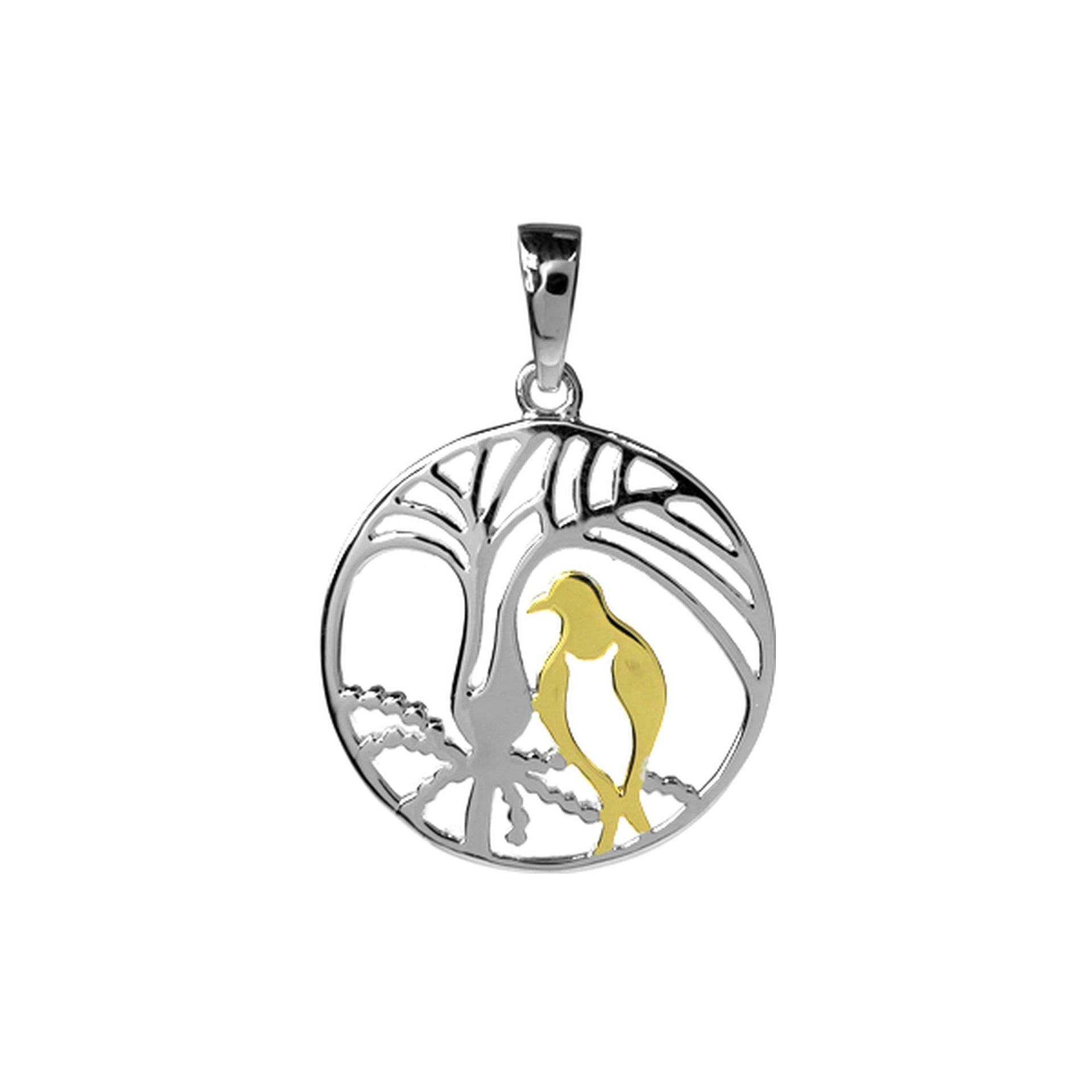 Yellow gold plated art nouveau style bird in tree pendant