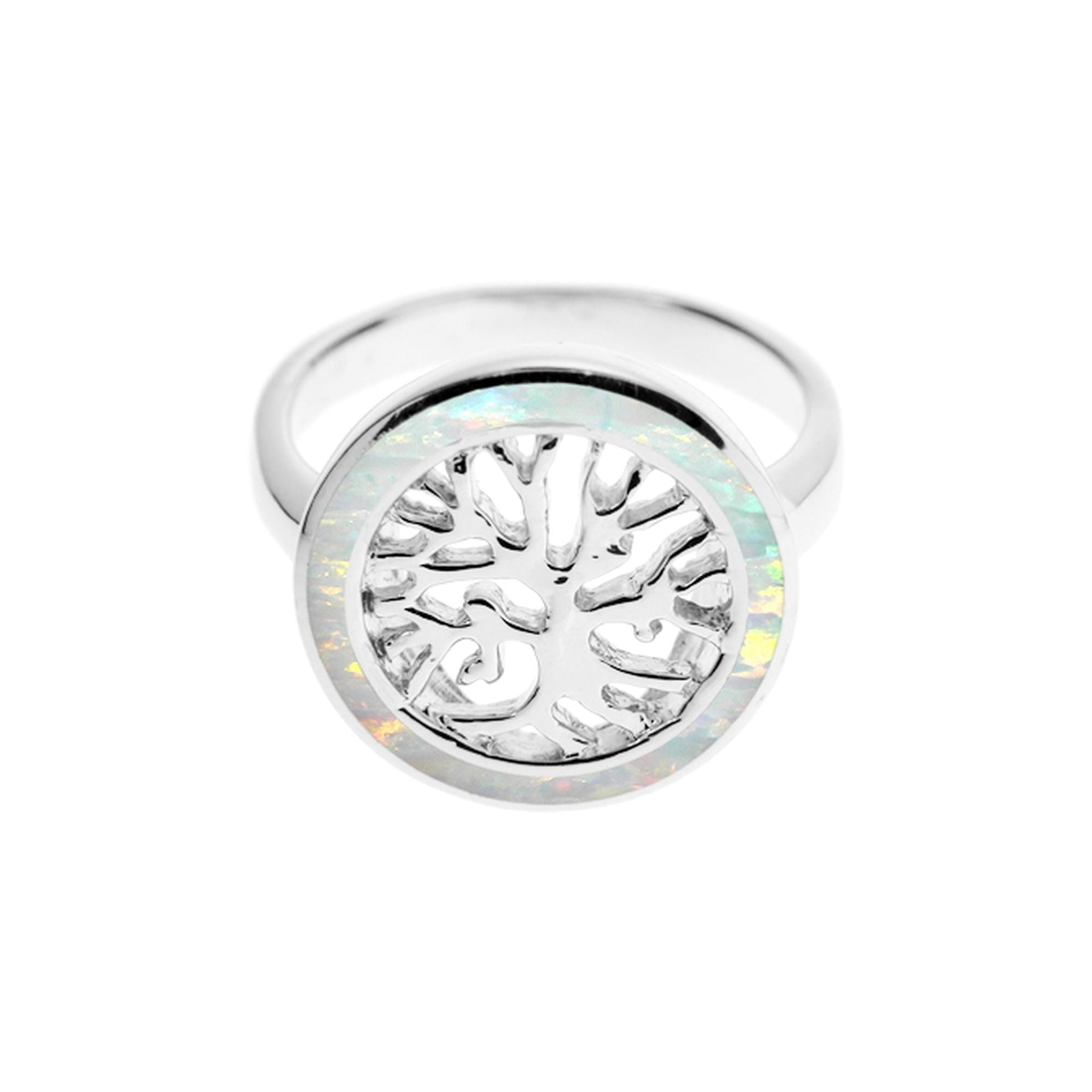 Tree of life ring with blue opalique surround