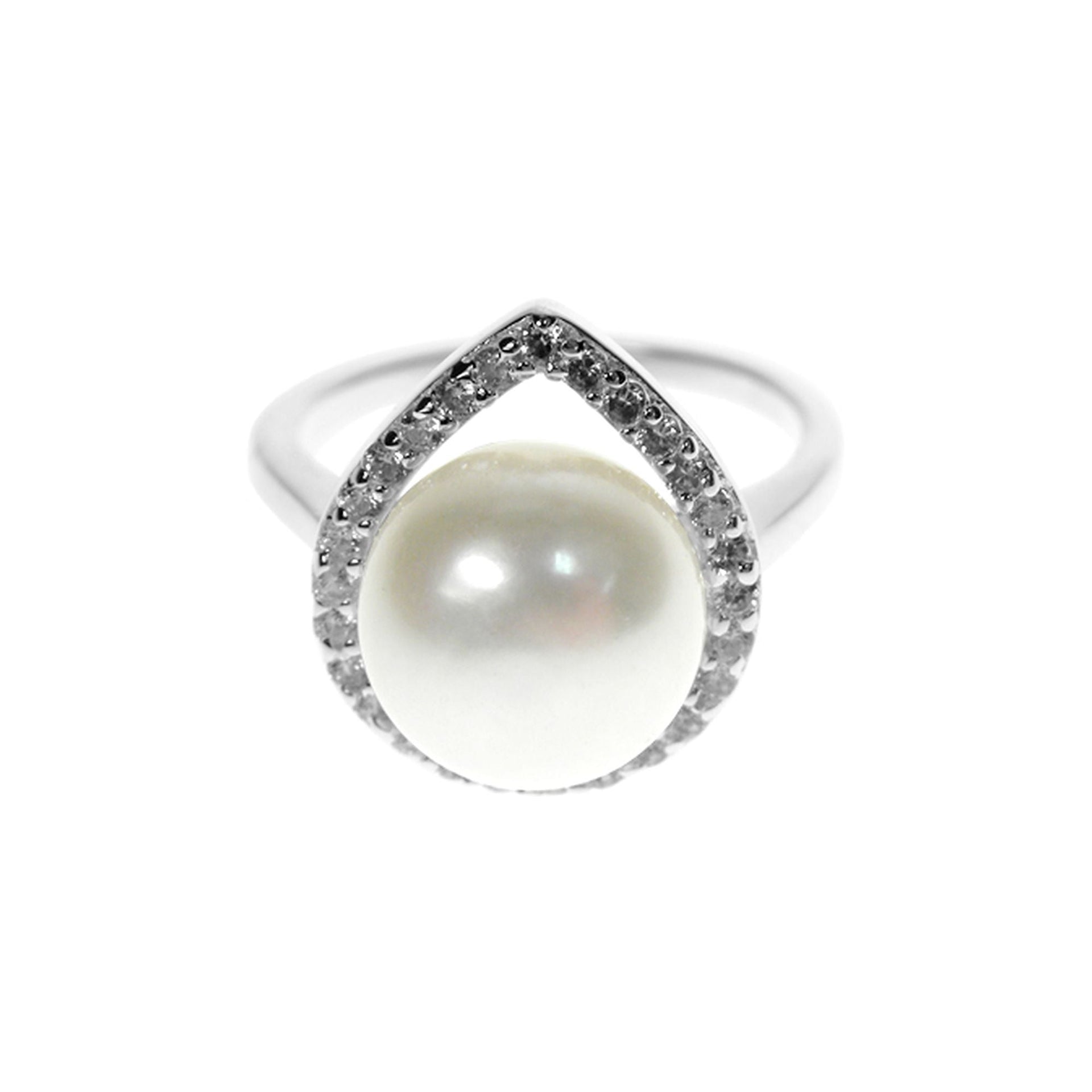 Stud-encrusted CZ teardrop ring with button pearl