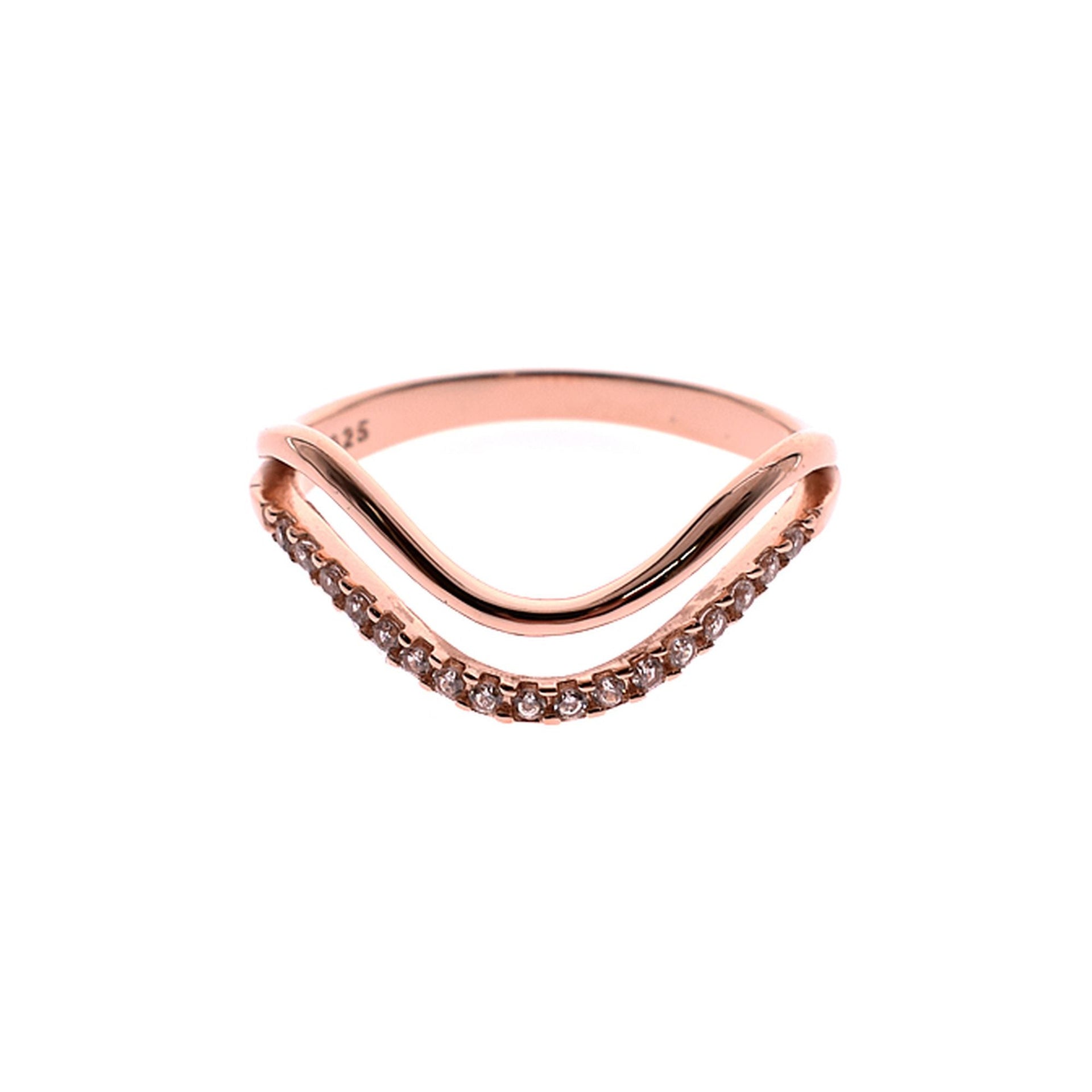 Rose gold plated double wave band ring with CZ
