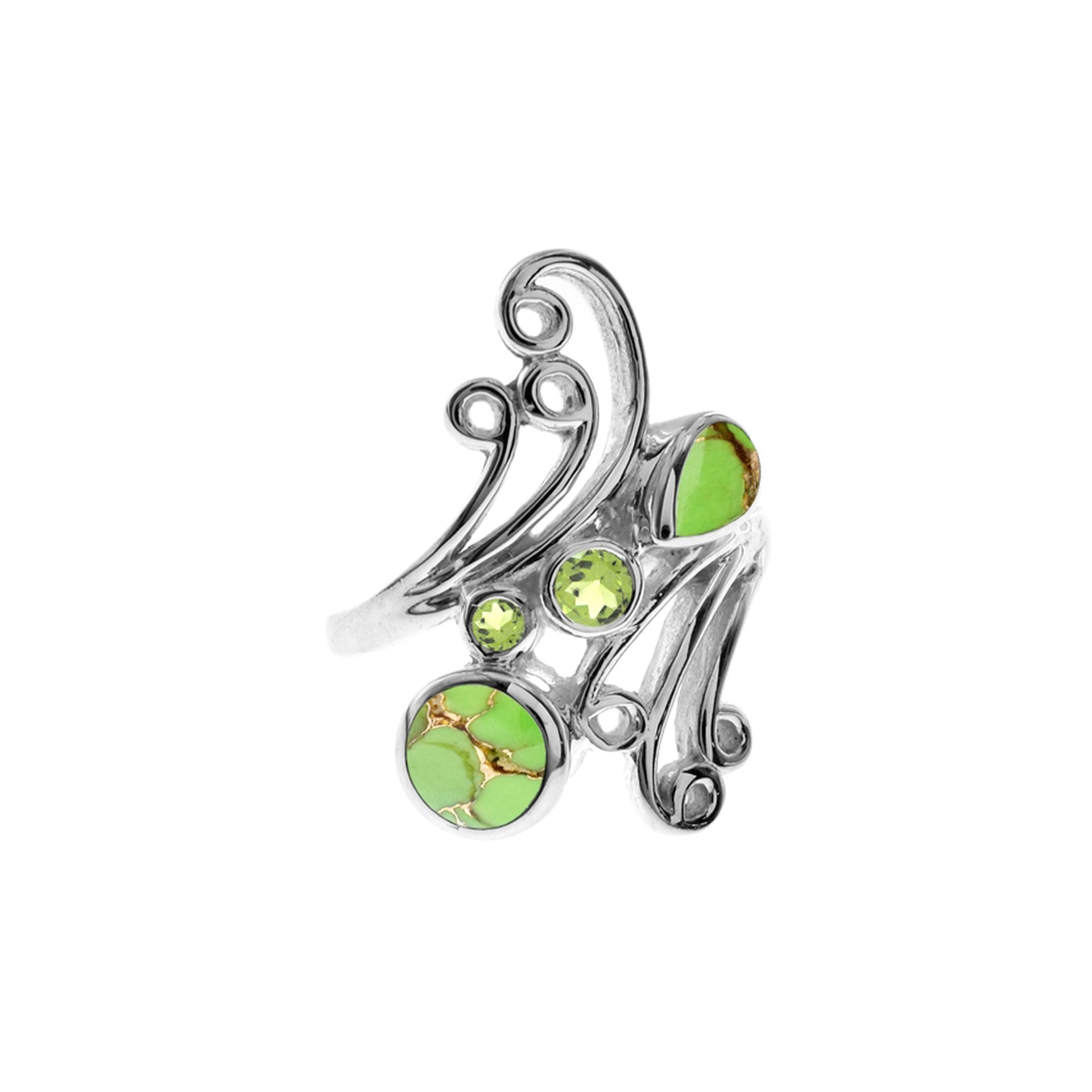 Ivy swirly ring with green mohave & peridot