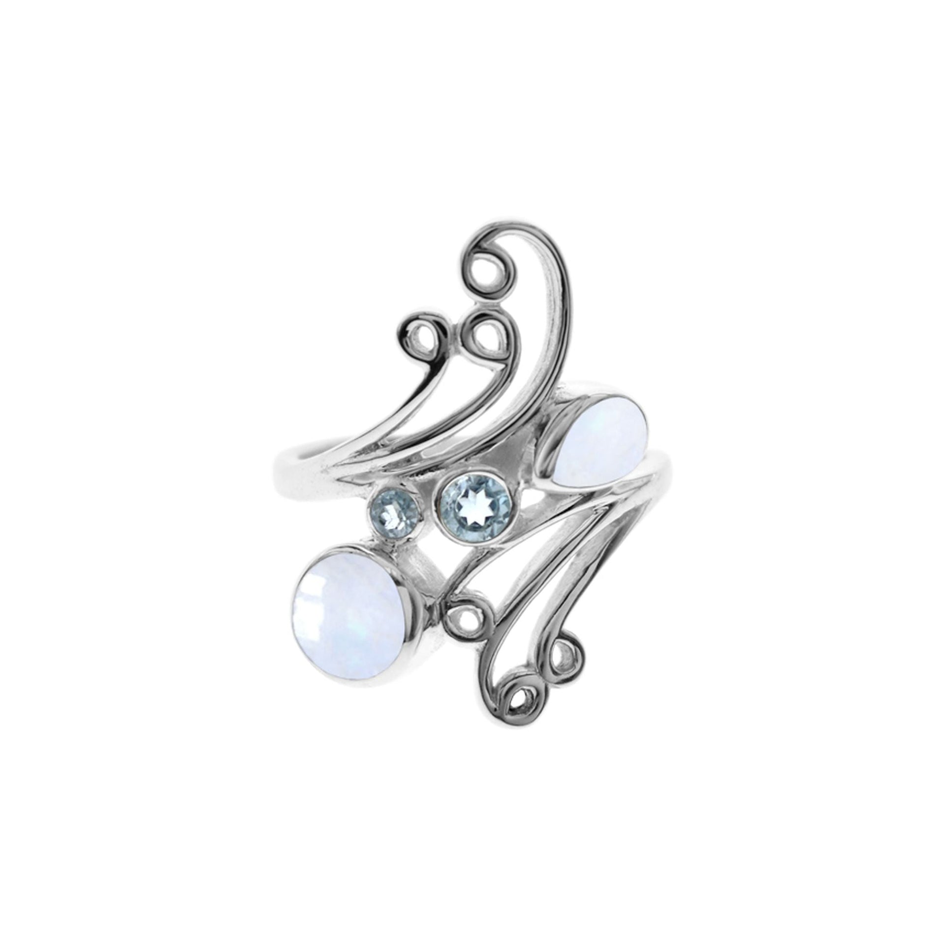 Ivy swirly ring with rainbow moonstone & blue topaz