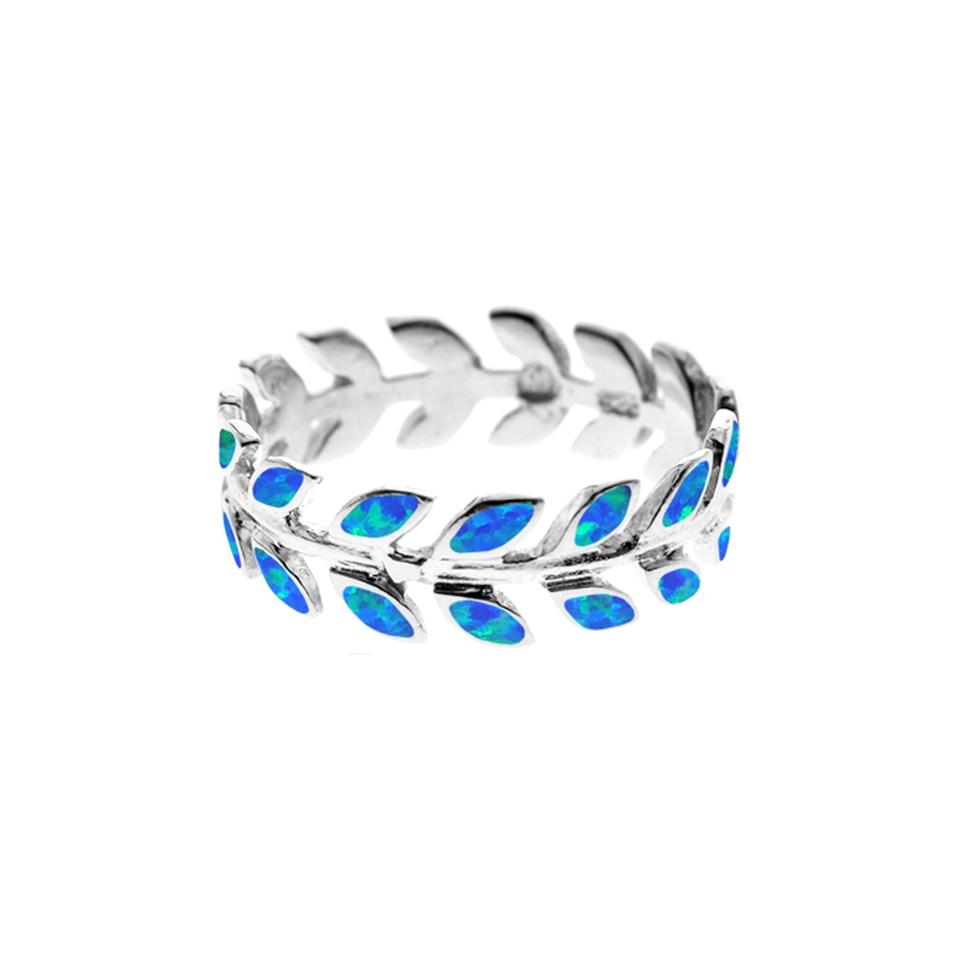 Emerie blue opalique paired leaves band ring