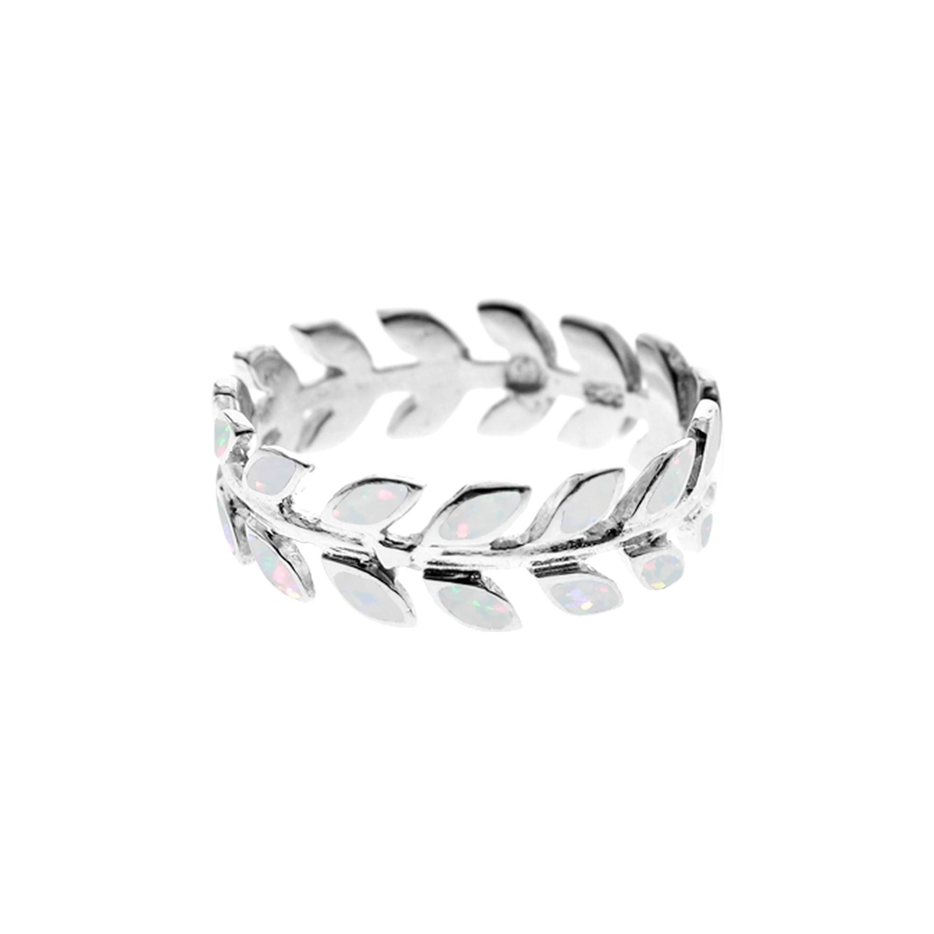 Emerie white opalique paired leaves band ring