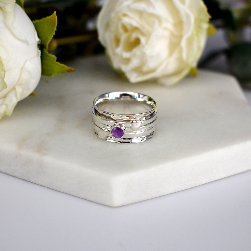 Lexi triple band hearts & amethyst facet spinning ring
