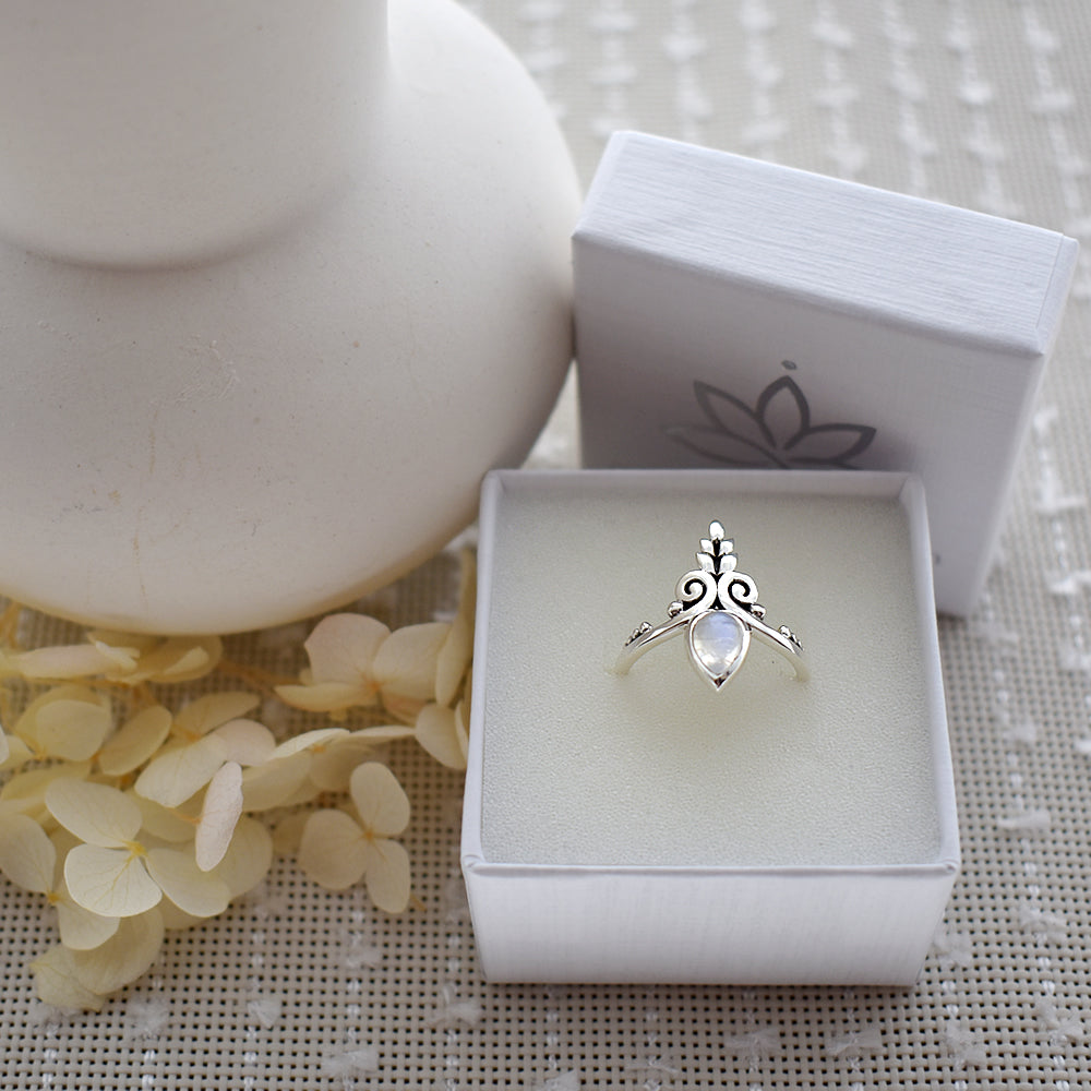 Catalina floral chevron rainbow moonstone teardrop ring