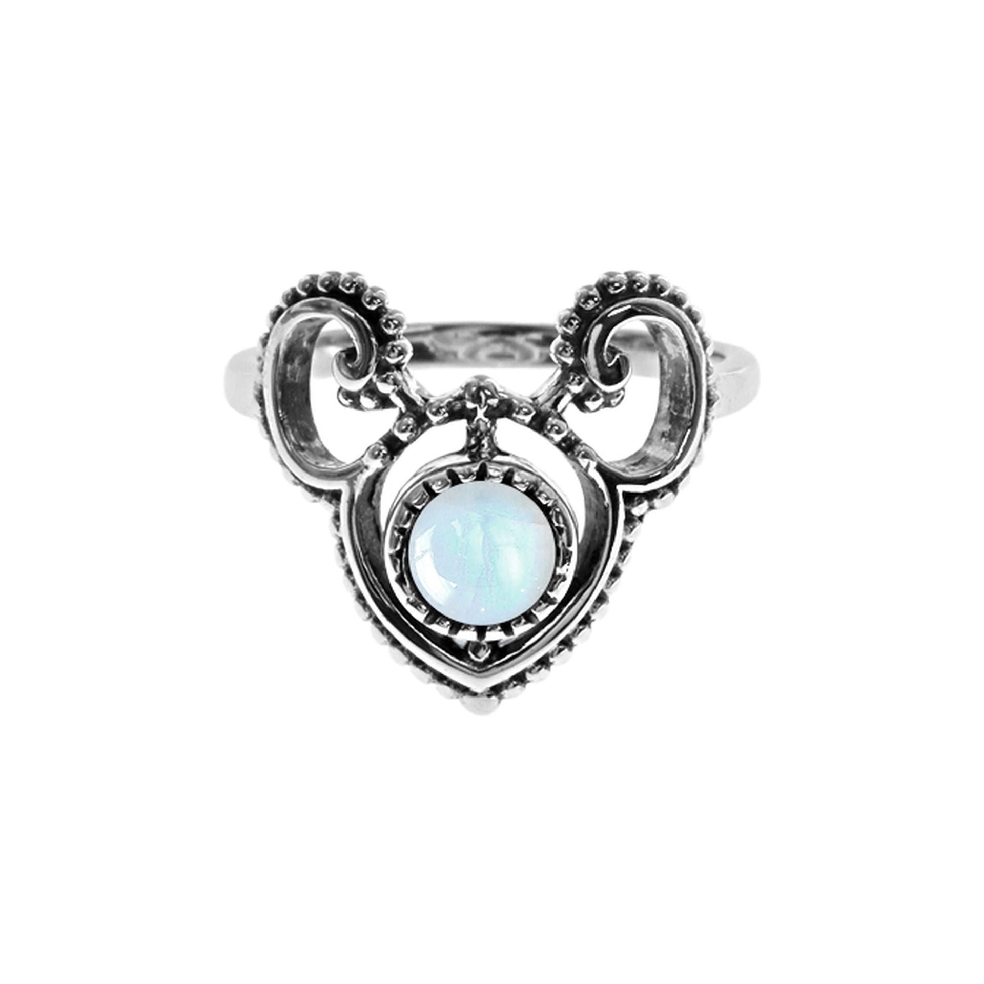Isla ornate wishbone shaped rainbow moonstone ring
