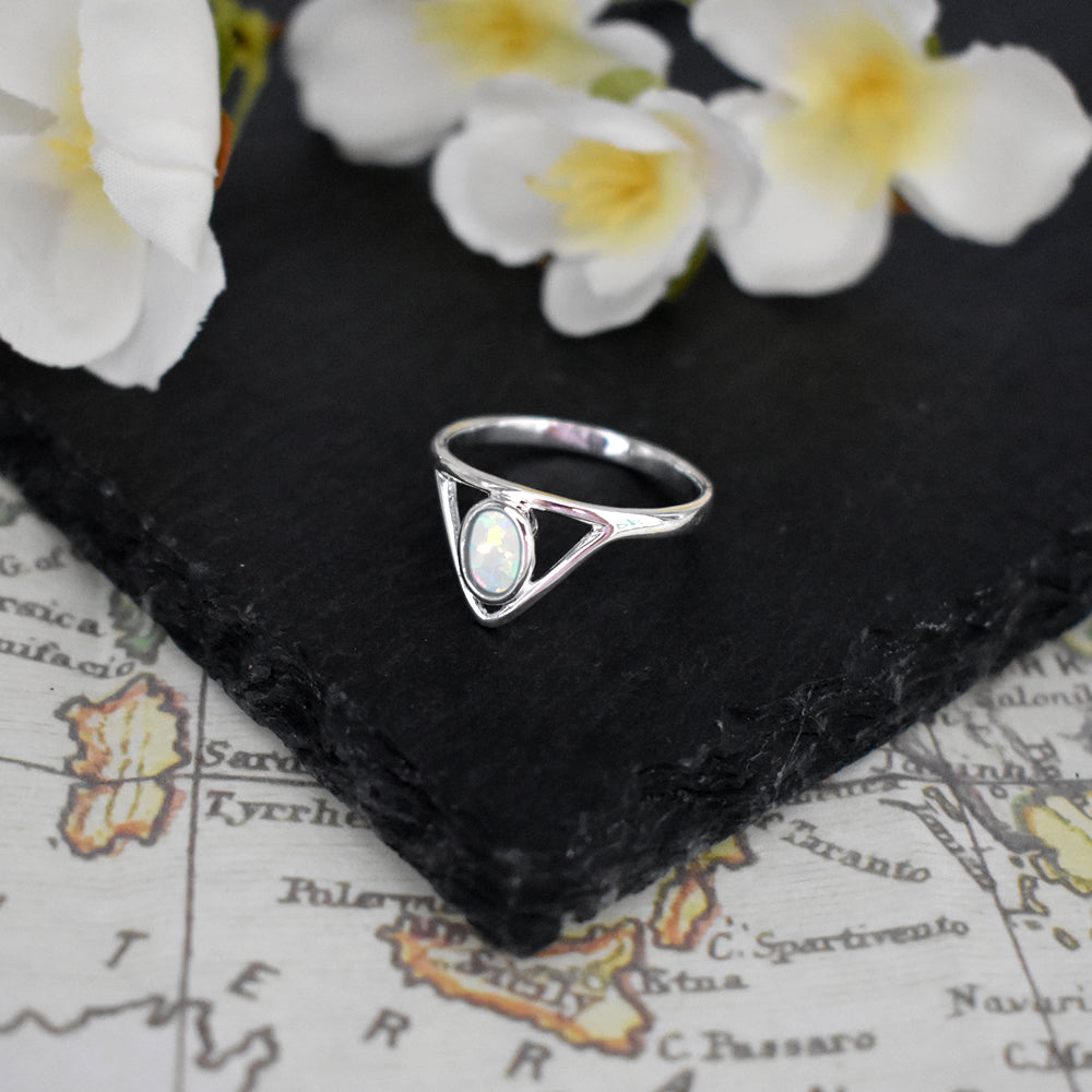 Angelica white opalique triangular frame ring