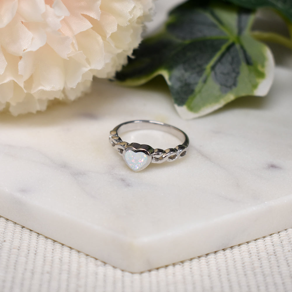 Diana white opalique heart infinity shank ring