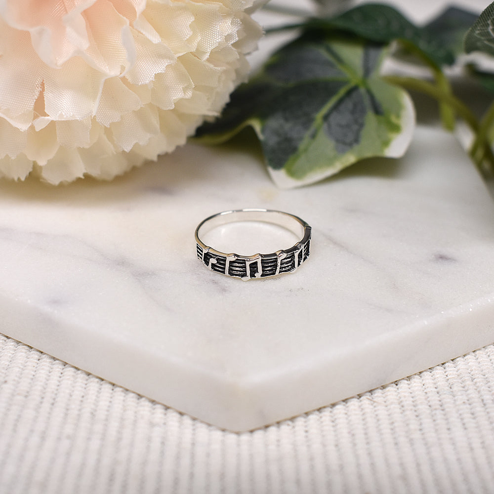 Erica oxidised musical stave band ring