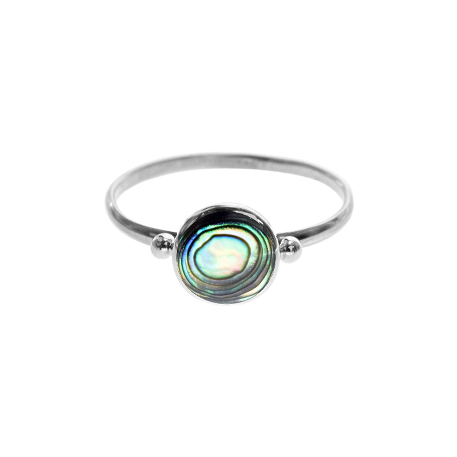 Bronwen round paua shell with ball detail ring