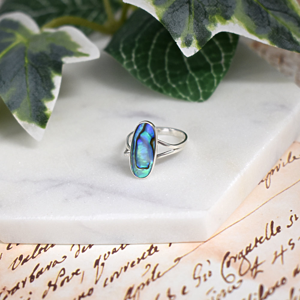 Bronwen long oval split shank paua shell ring