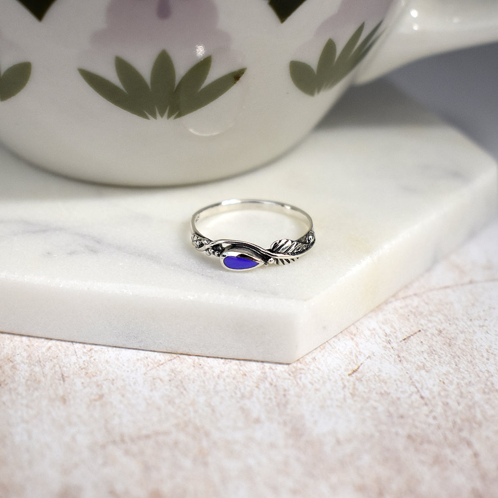 Zora teardrop lapis lazuli wrapped leaf ring