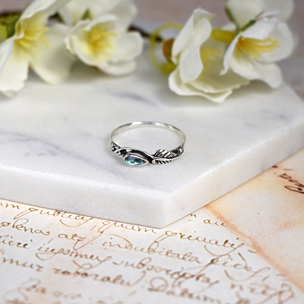 Zora teardrop paua shell wrapped leaf ring