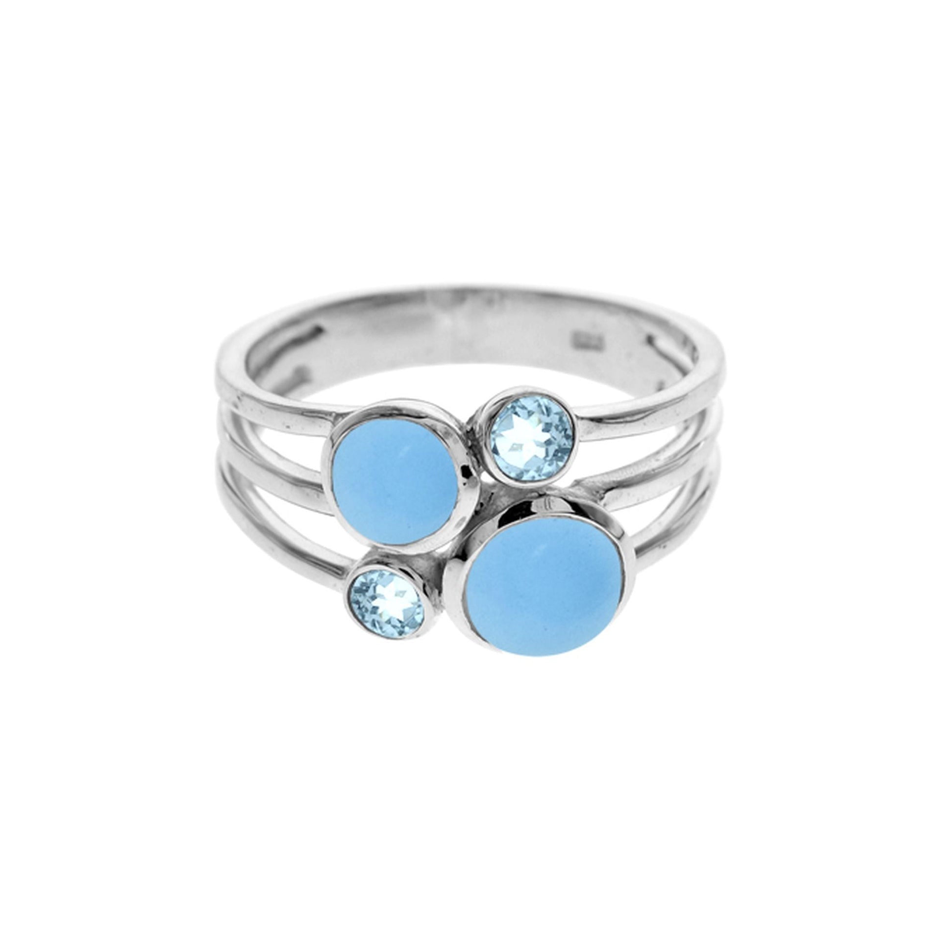 Ivy four blue chalcedony & blue topaz split band ring