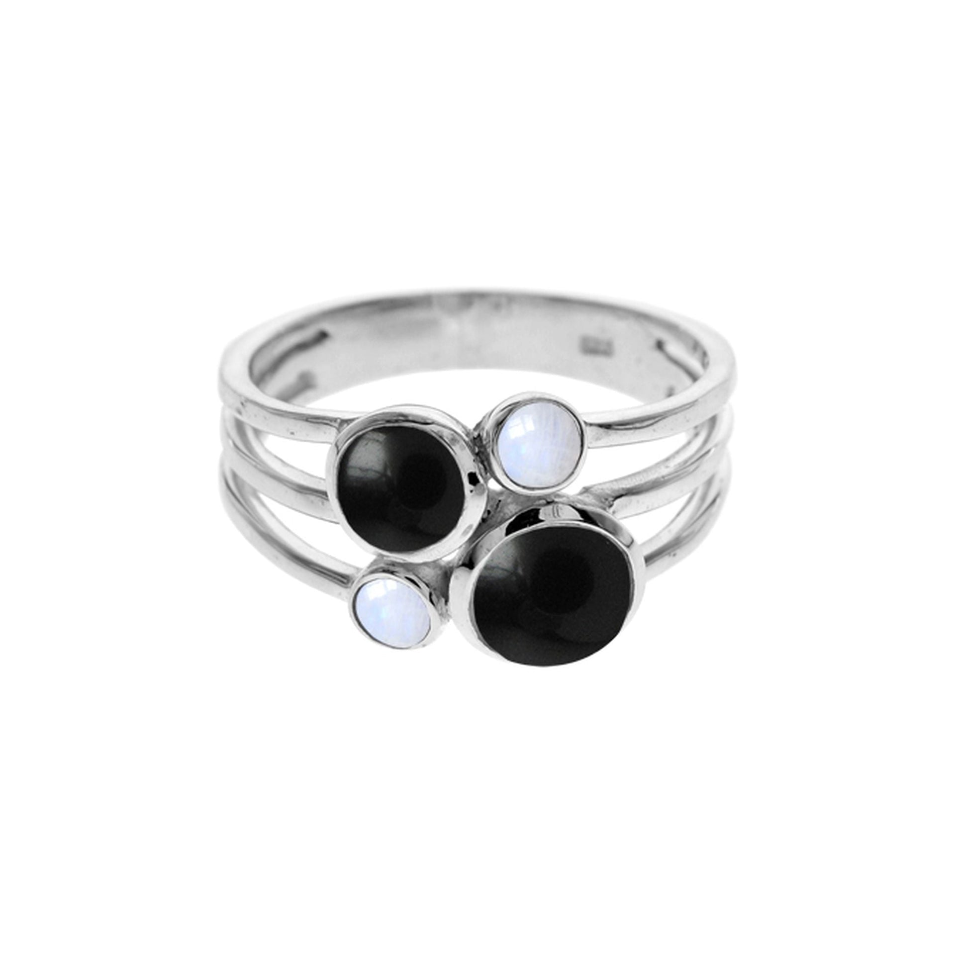 Ivy four black onyx & rainbow moonstone split band ring