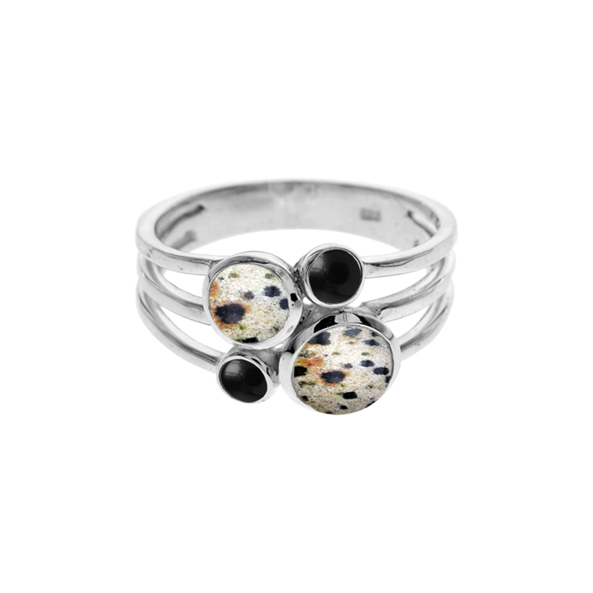 Ivy four dalmatian jasper & black onyx split band ring