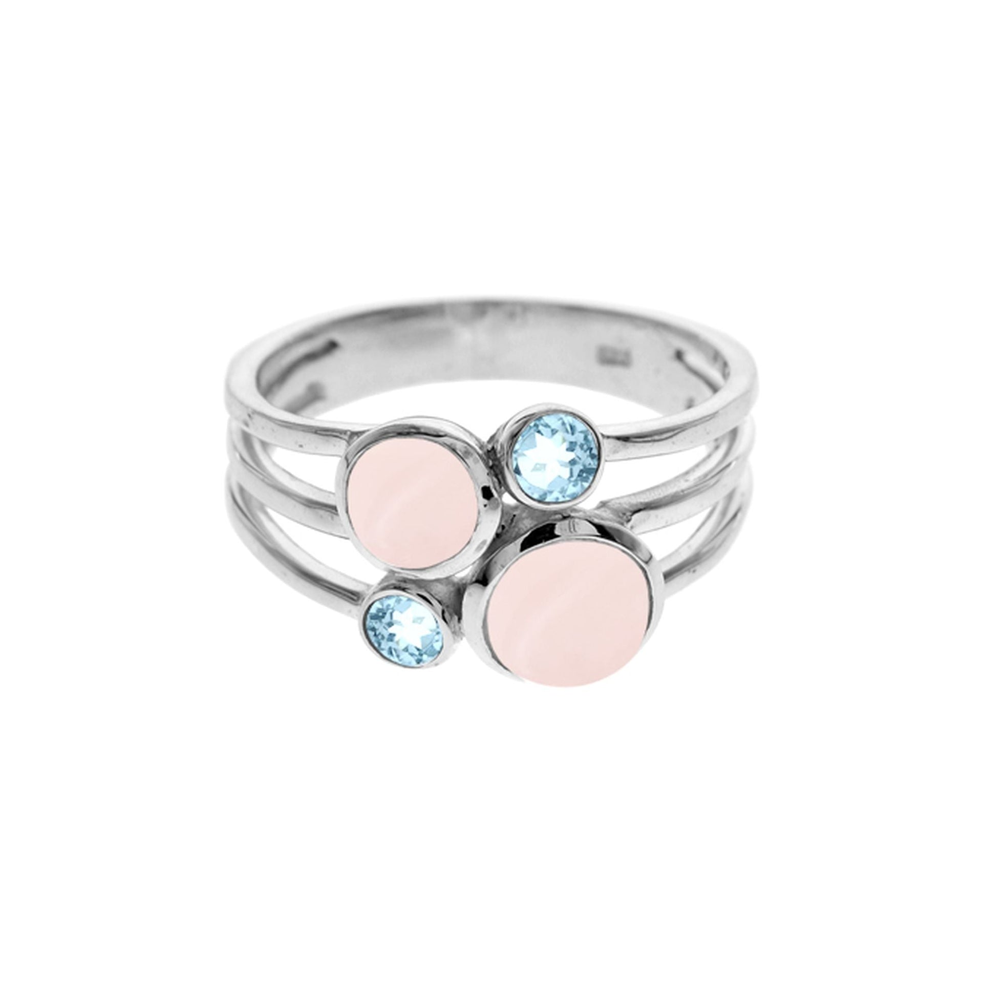 Ivy four stone rose quartz & blue topaz split band ring