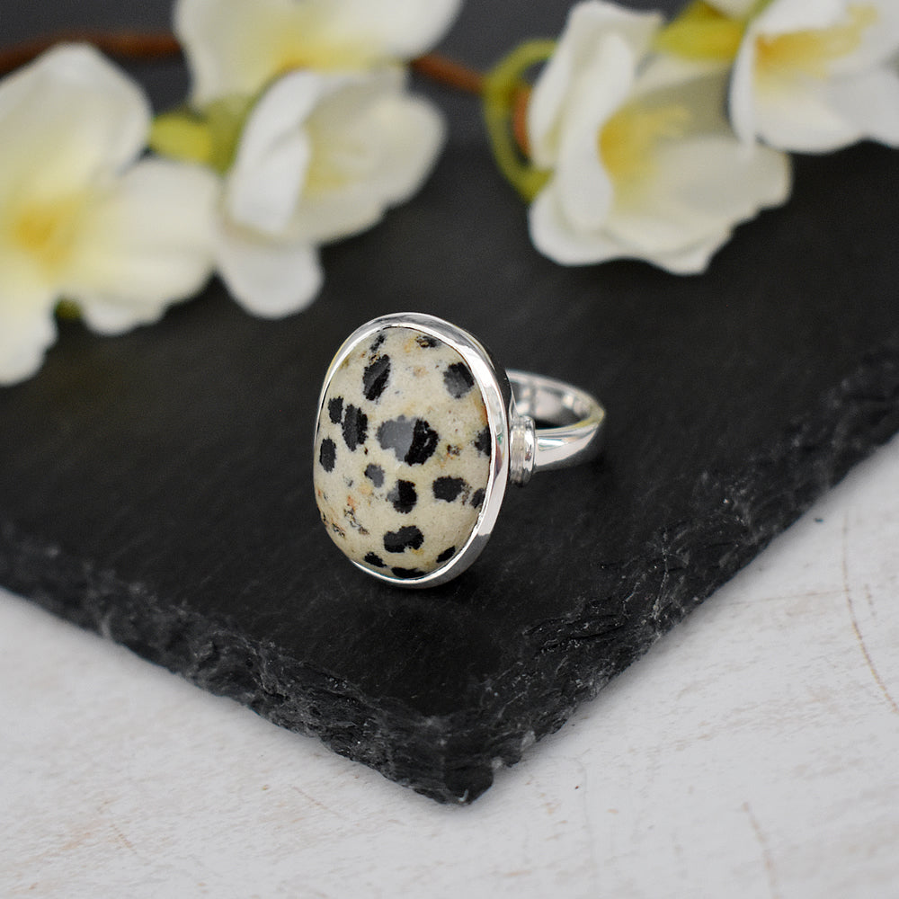 Samira plain oval dalmatian jasper ring