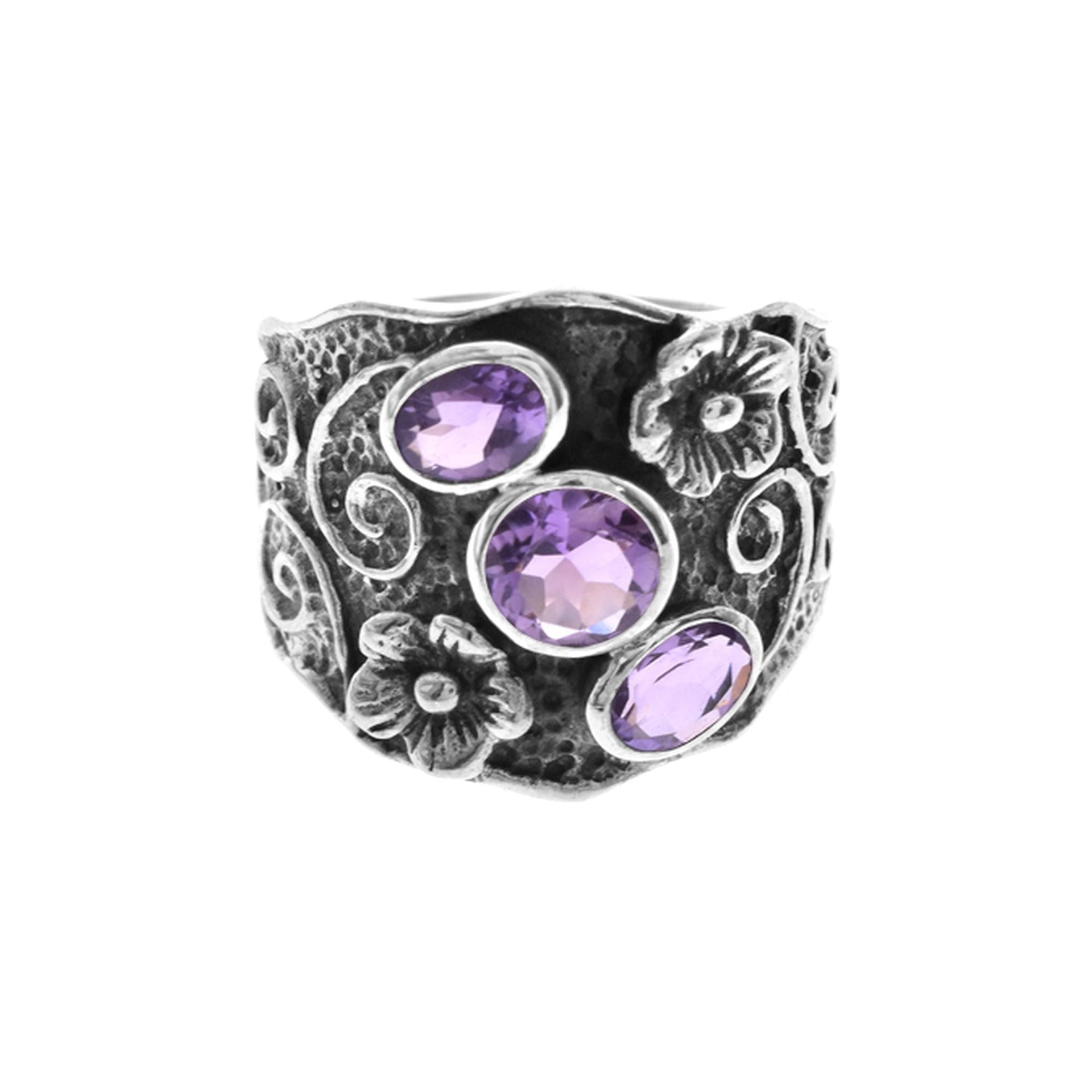 Oxidised wide flower band ring with 3 amethyst stones
