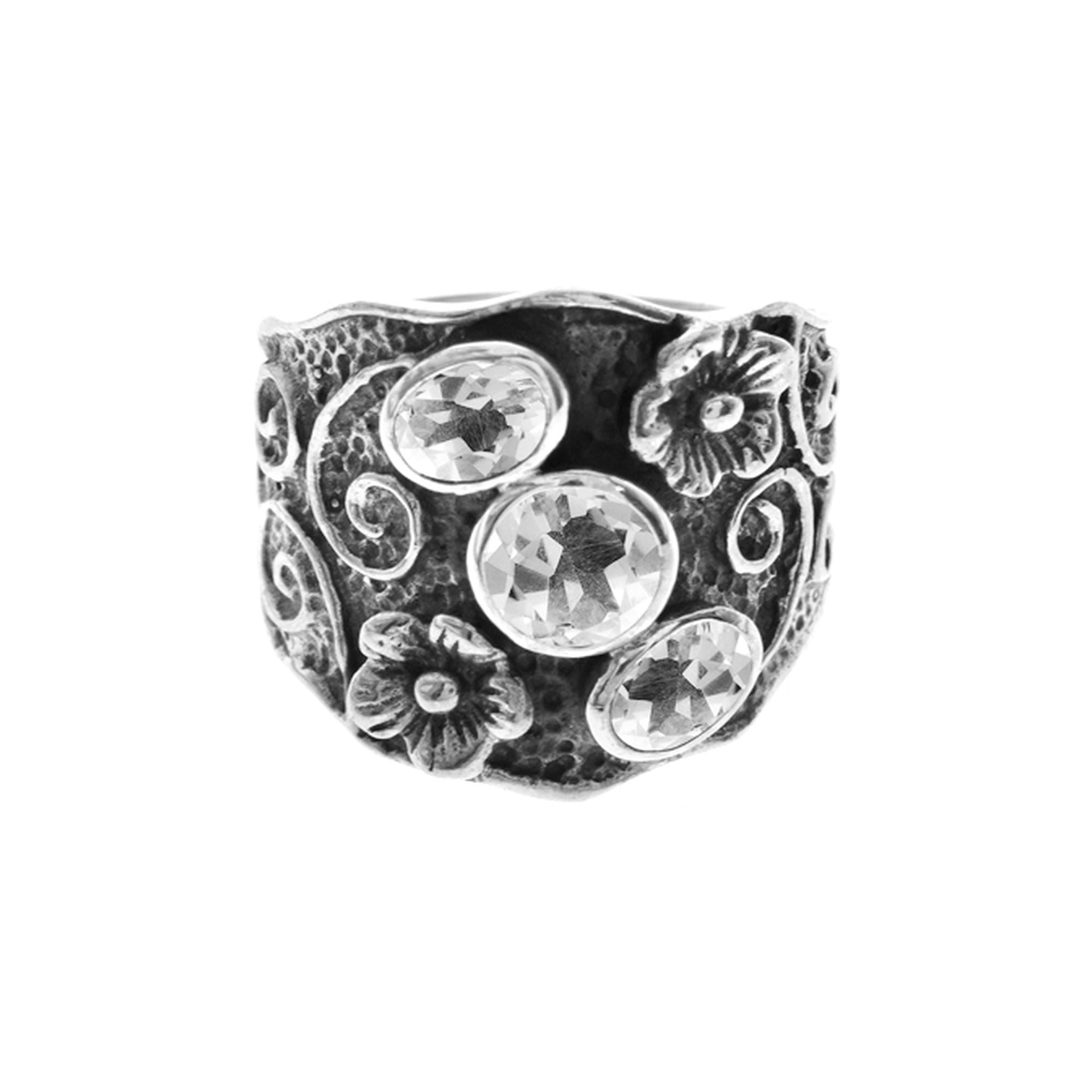Oxidised wide flower band ring with 3 quartz stones