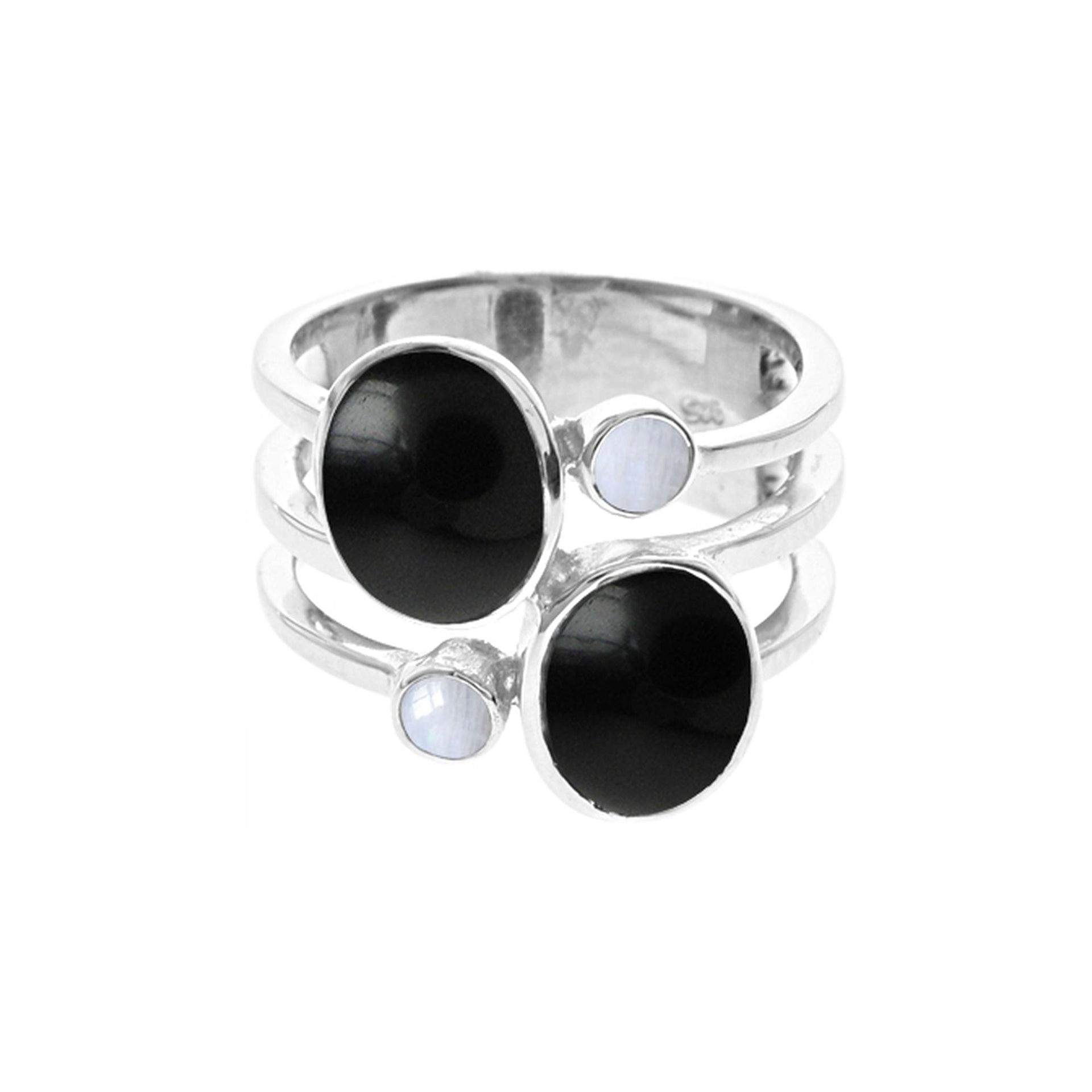 Amy black onyx & rainbow moonstone split band ring