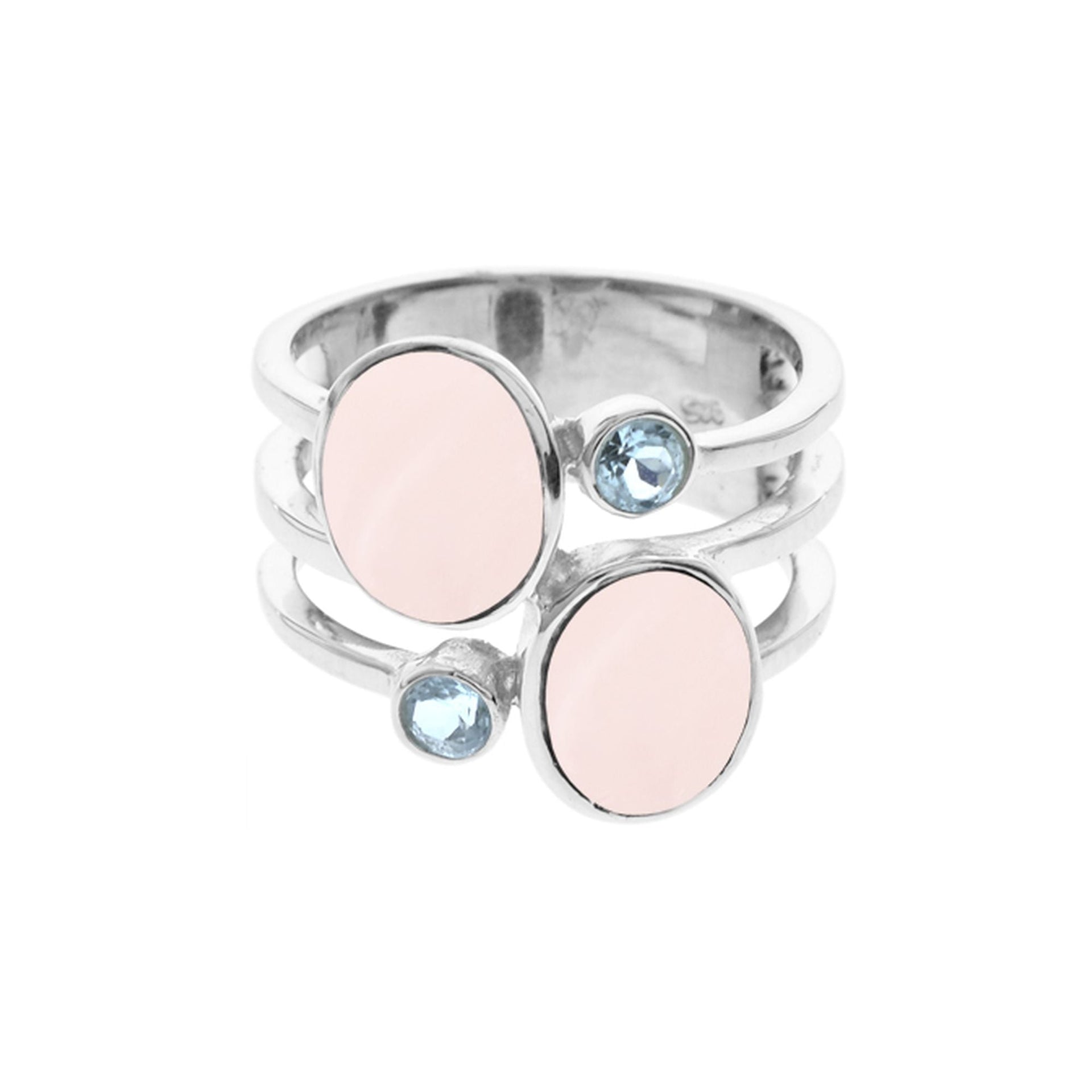 Amy rose quartz & blue topaz split band ring