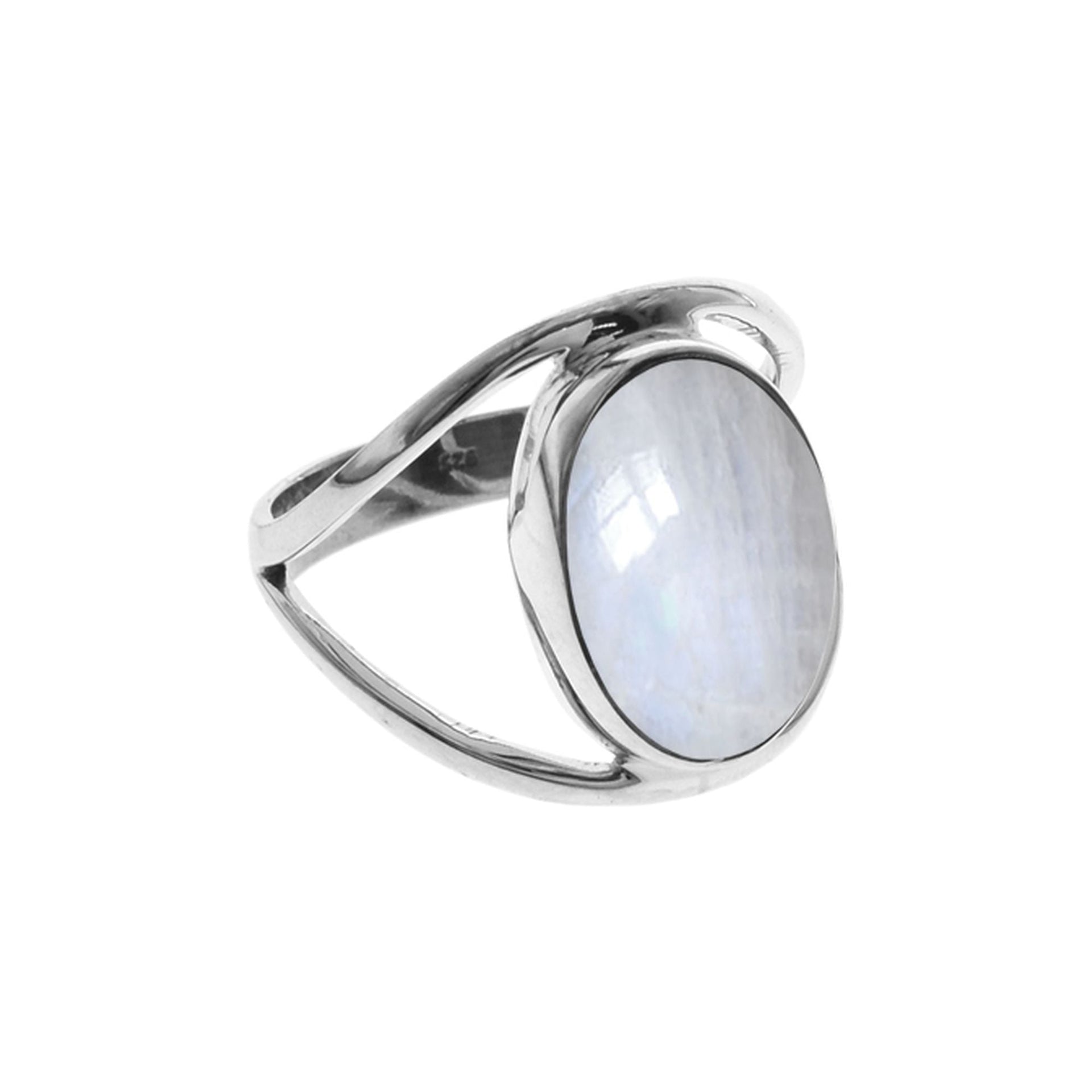 Amy split band ring with oval rainbow moonstone