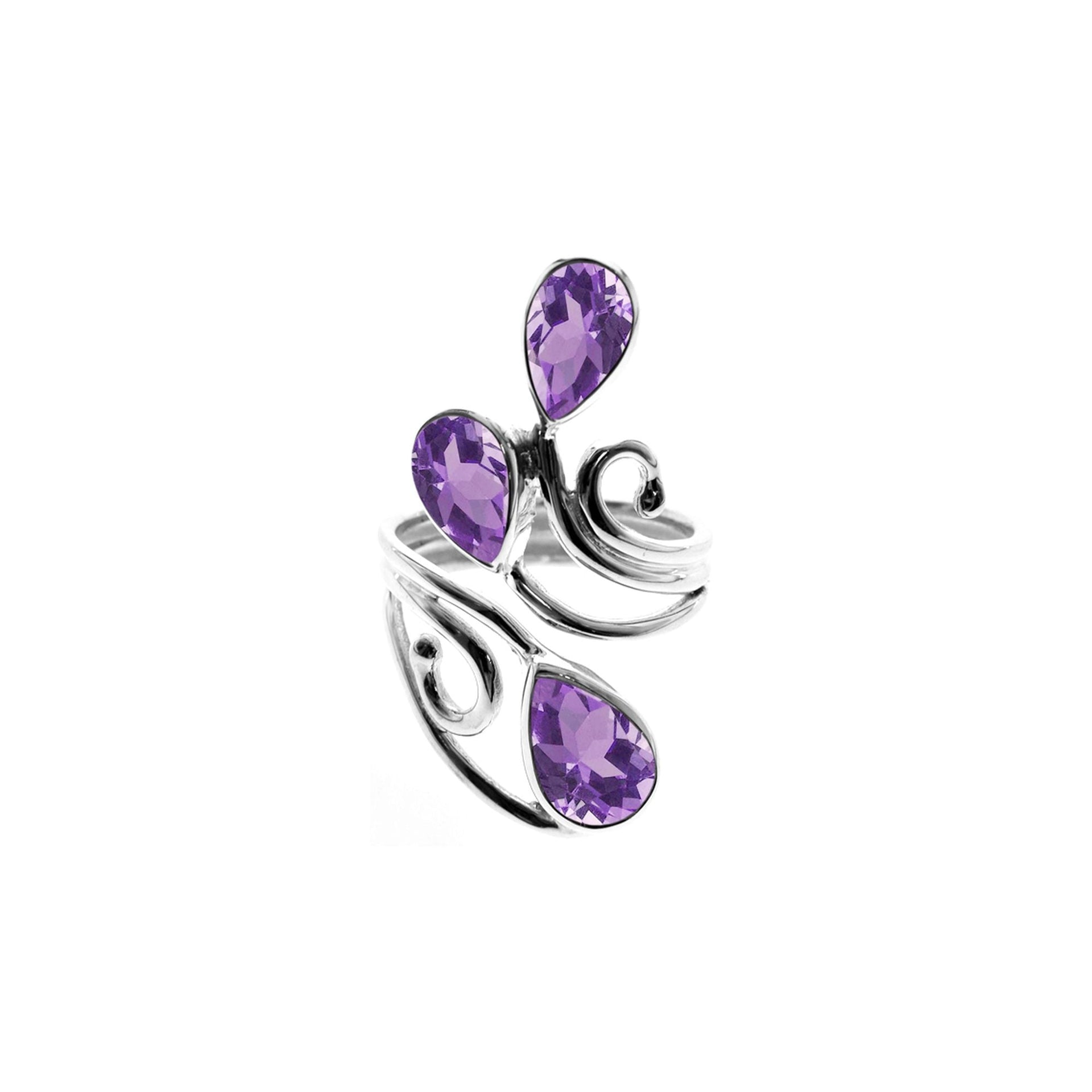 Ivy triple amethyst facet teardrop open swirl ring