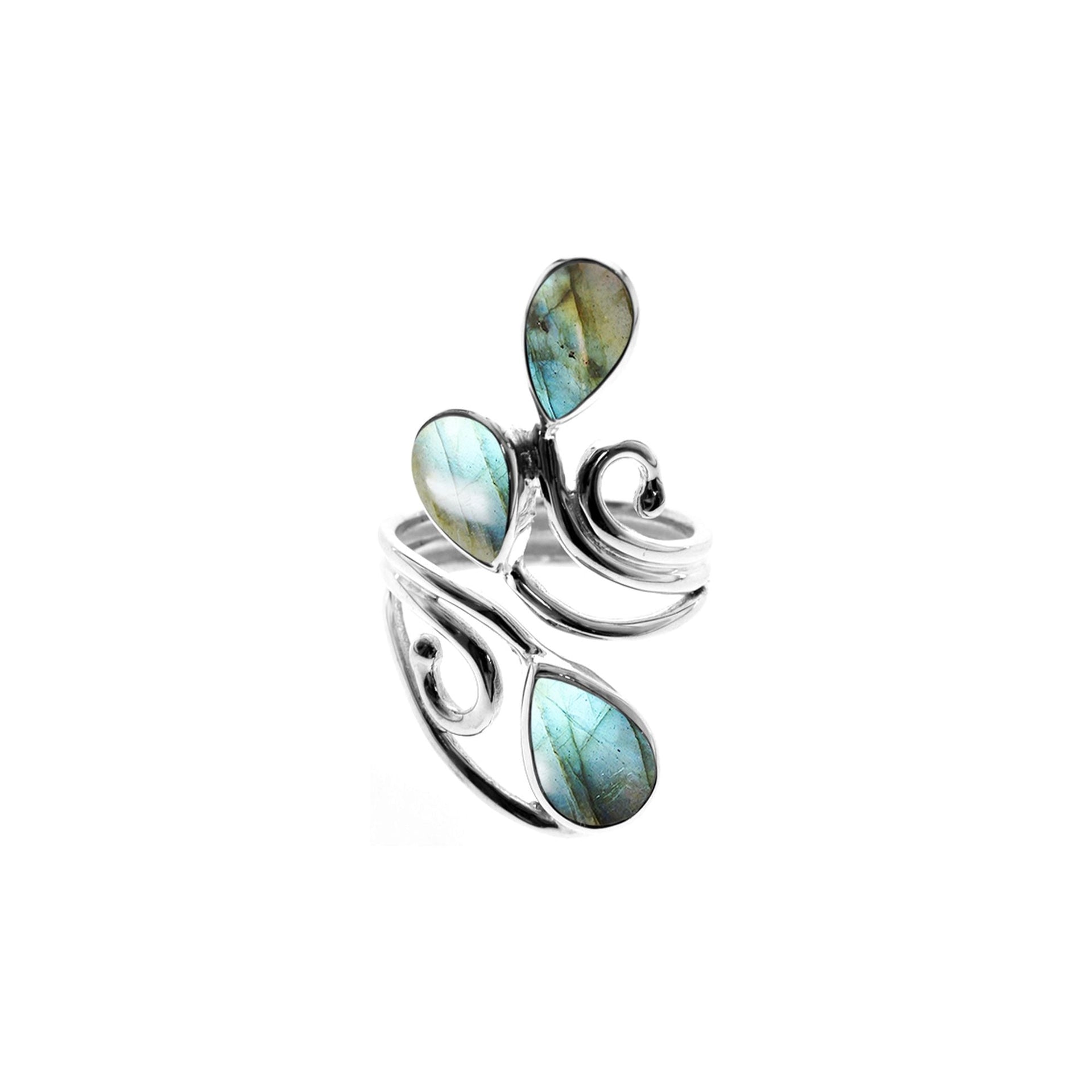 Ivy triple labradorite teardrop open swirl ring