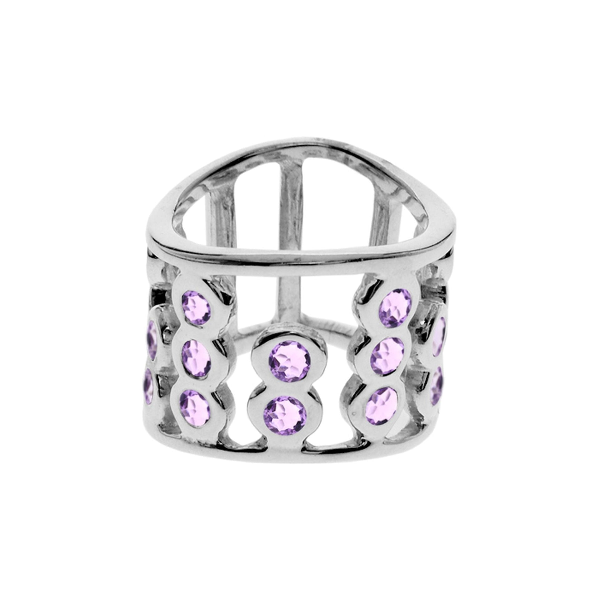 Abacus style wide band ring with faceted amethyst stones
