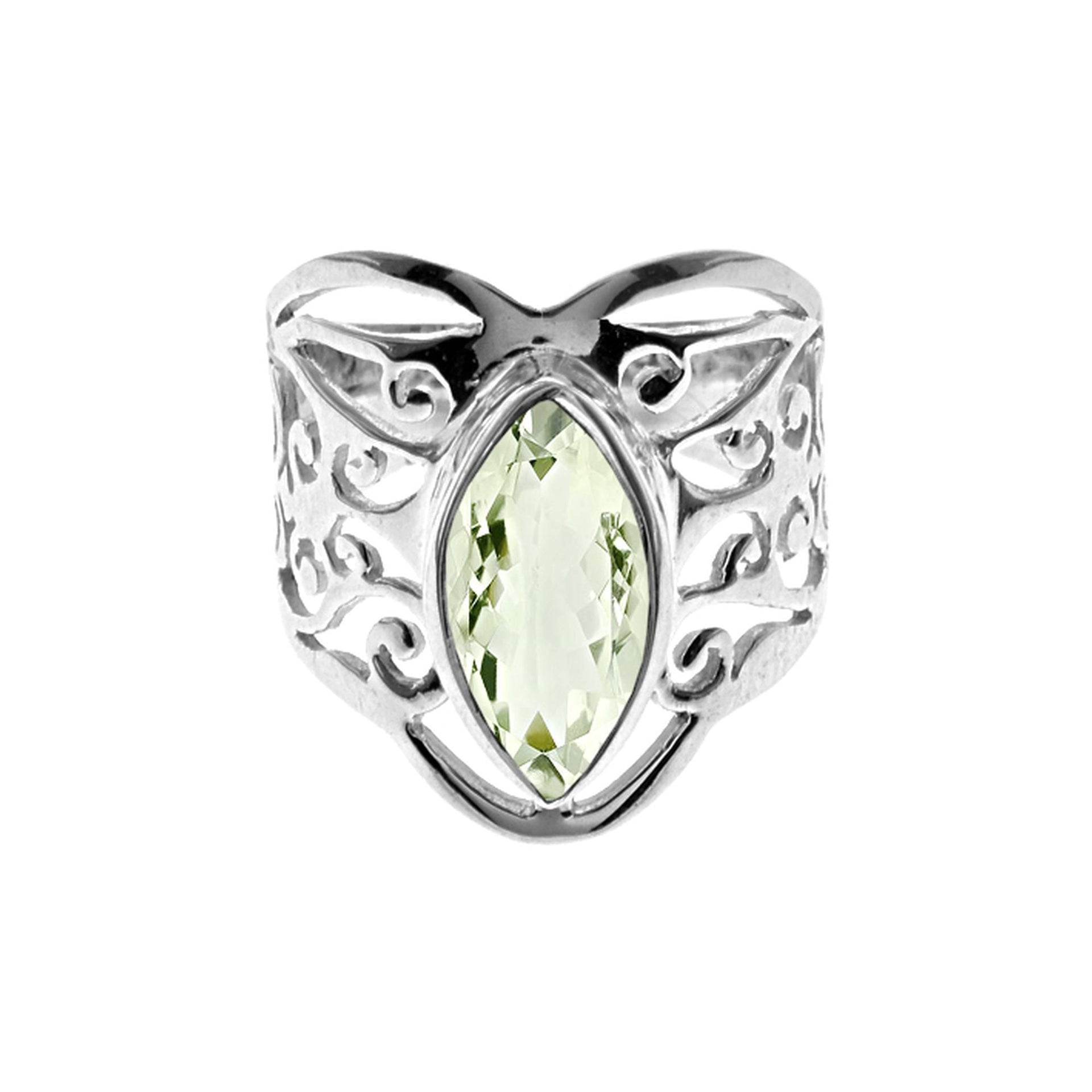 Lola green amethyst marquis with filigree band ring
