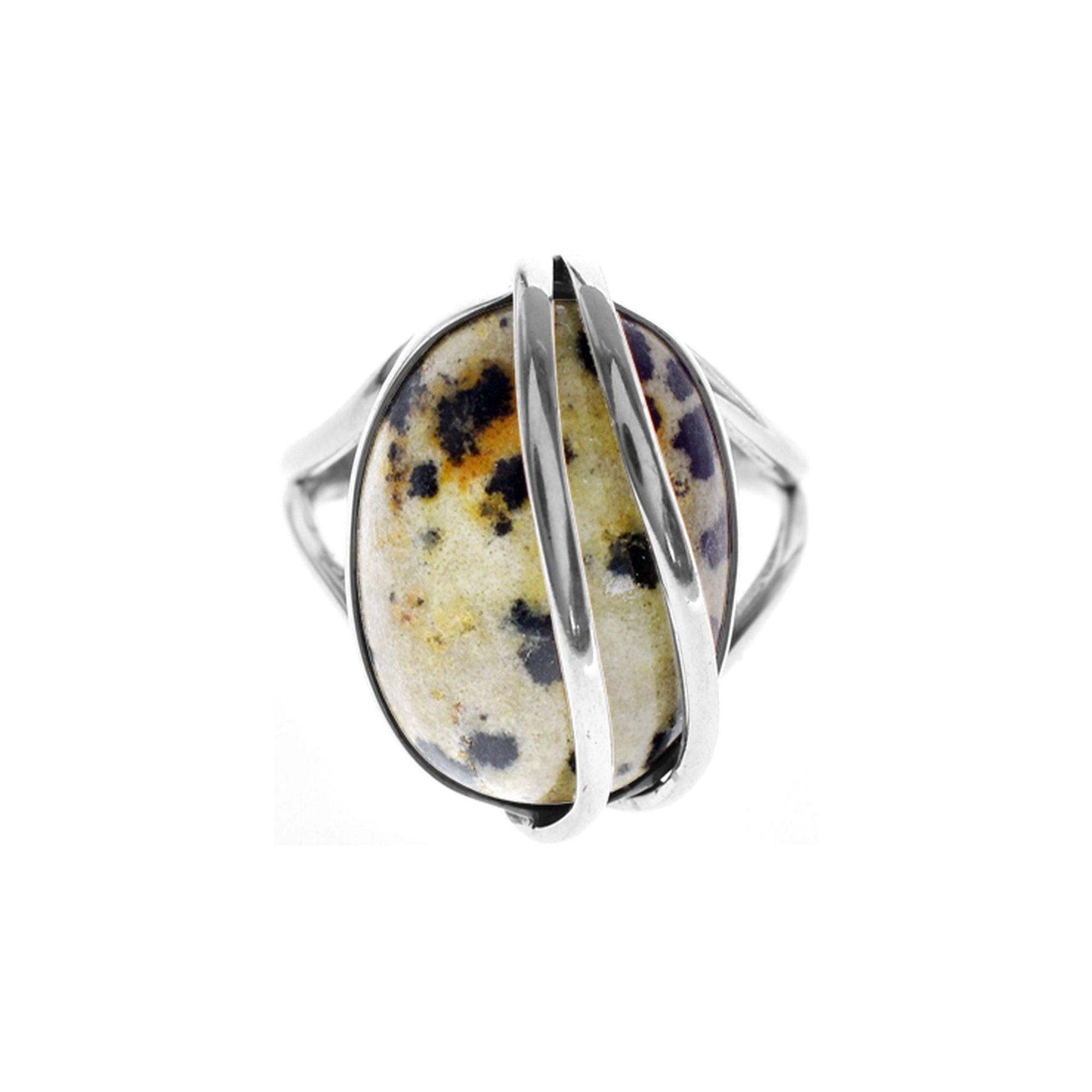Amy split band dalmatian jasper ring with wire overlay