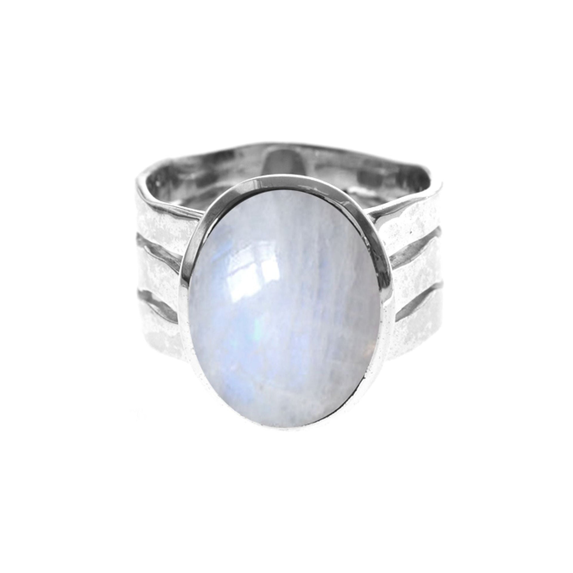 Lexi hammered band ring with oval rainbow moonstone