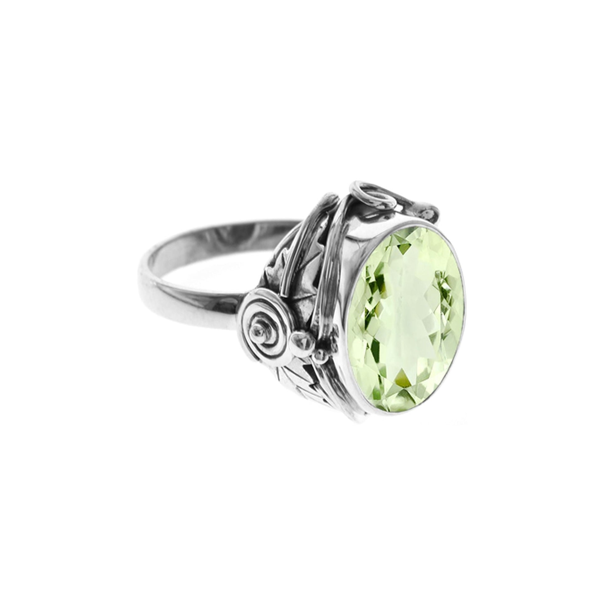 Deep collet-set chunky green amethyst ring with detail