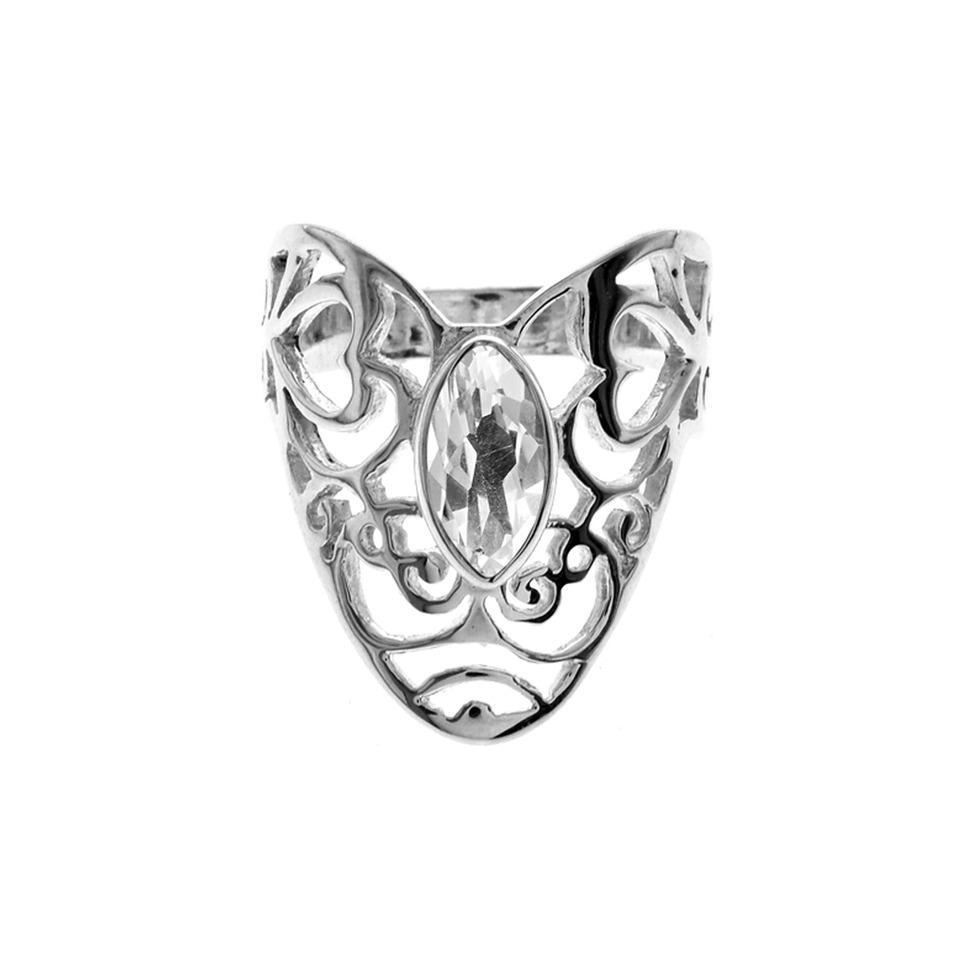 V shaped ornate filigree ring with marquis quartz