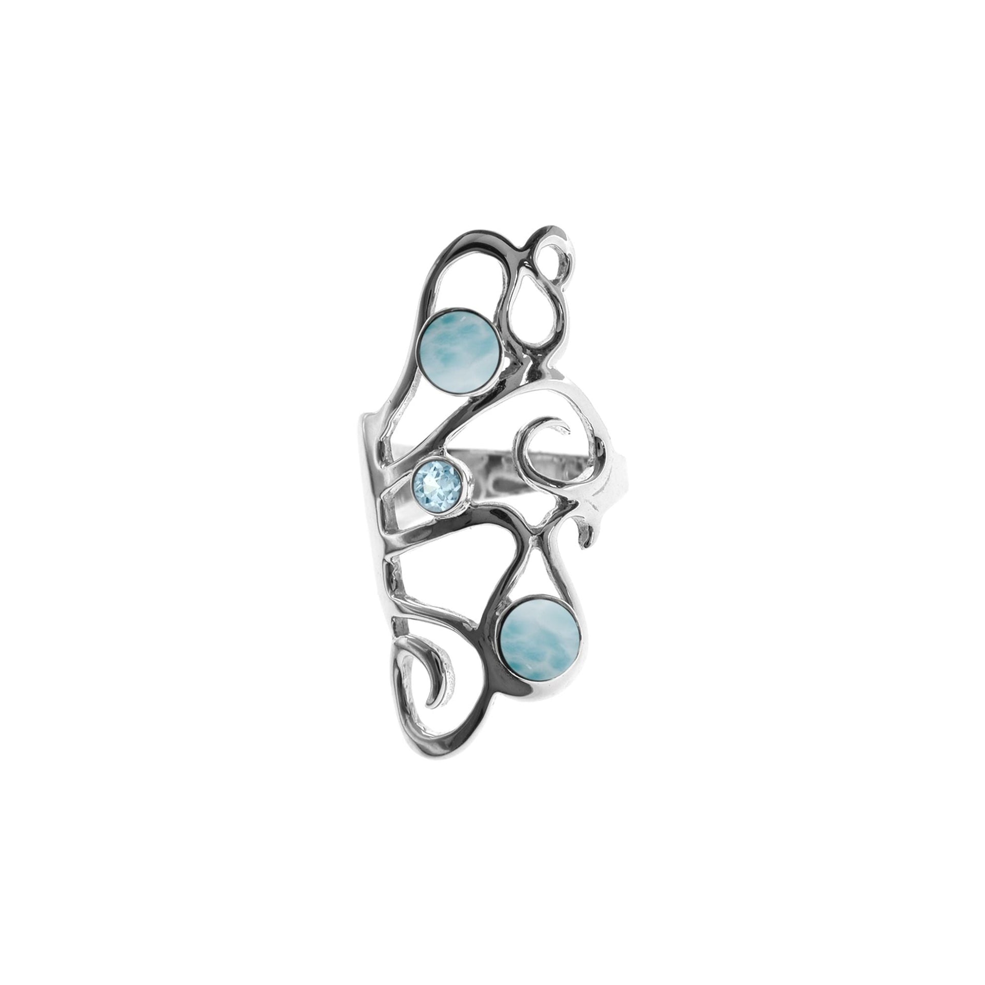 Amy larimar & blue topaz long swirly ring