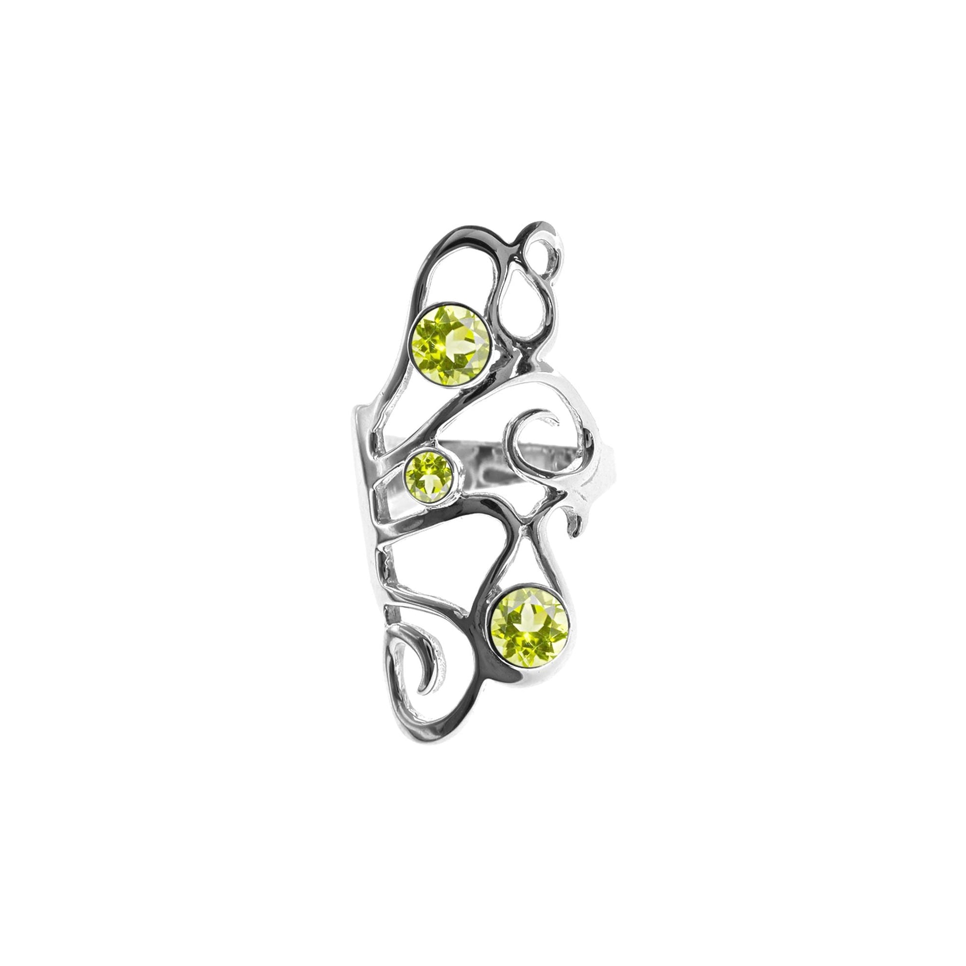 Amy faceted peridot long swirly ring
