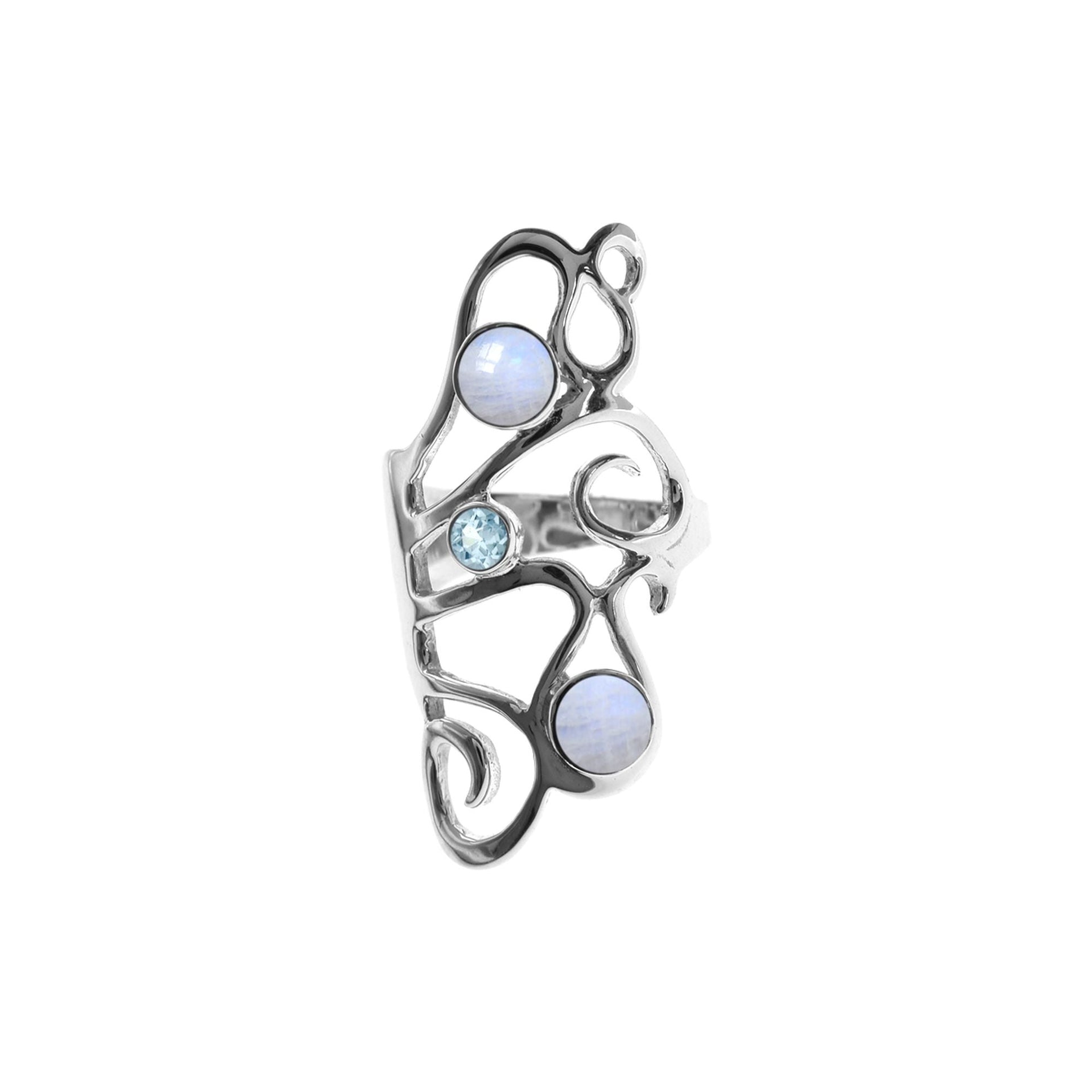 Amy rainbow moonstone and blue topaz swirly ring