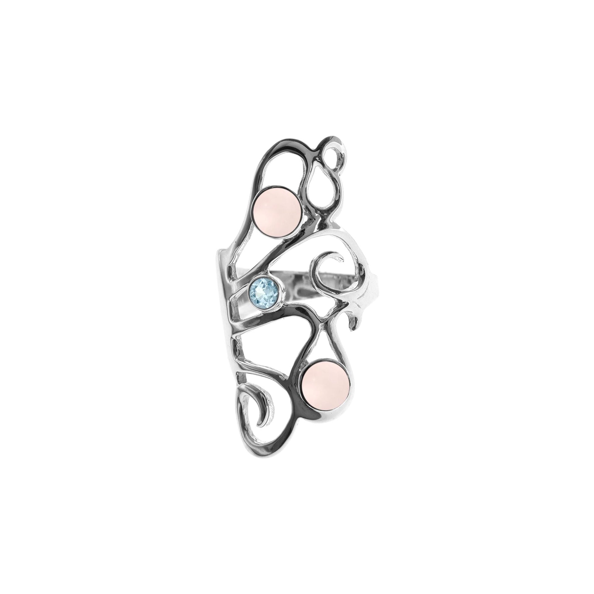 Amy rose quartz & blue topaz long swirly ring