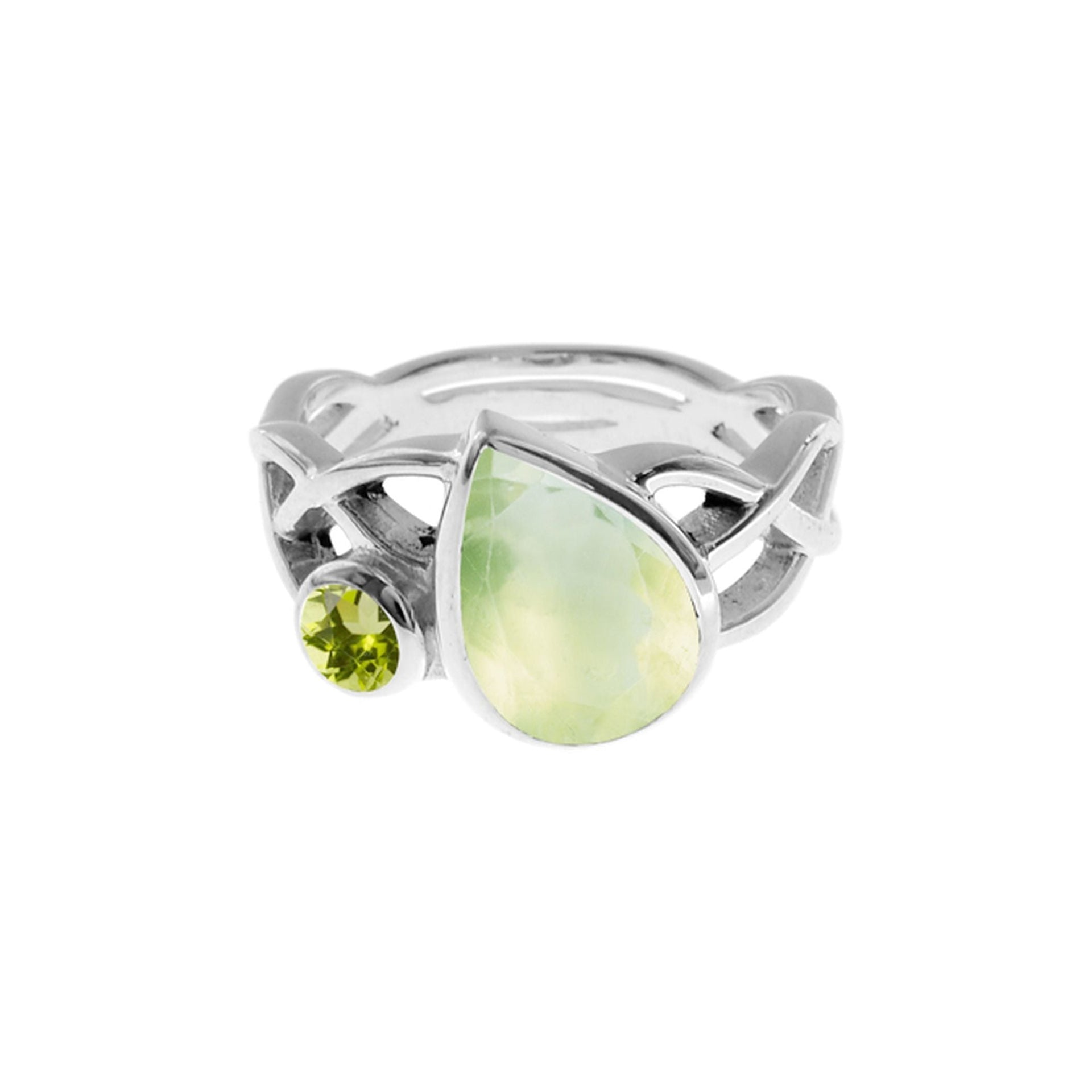 Catalina prehnite & peridot Celtic knotwork ring