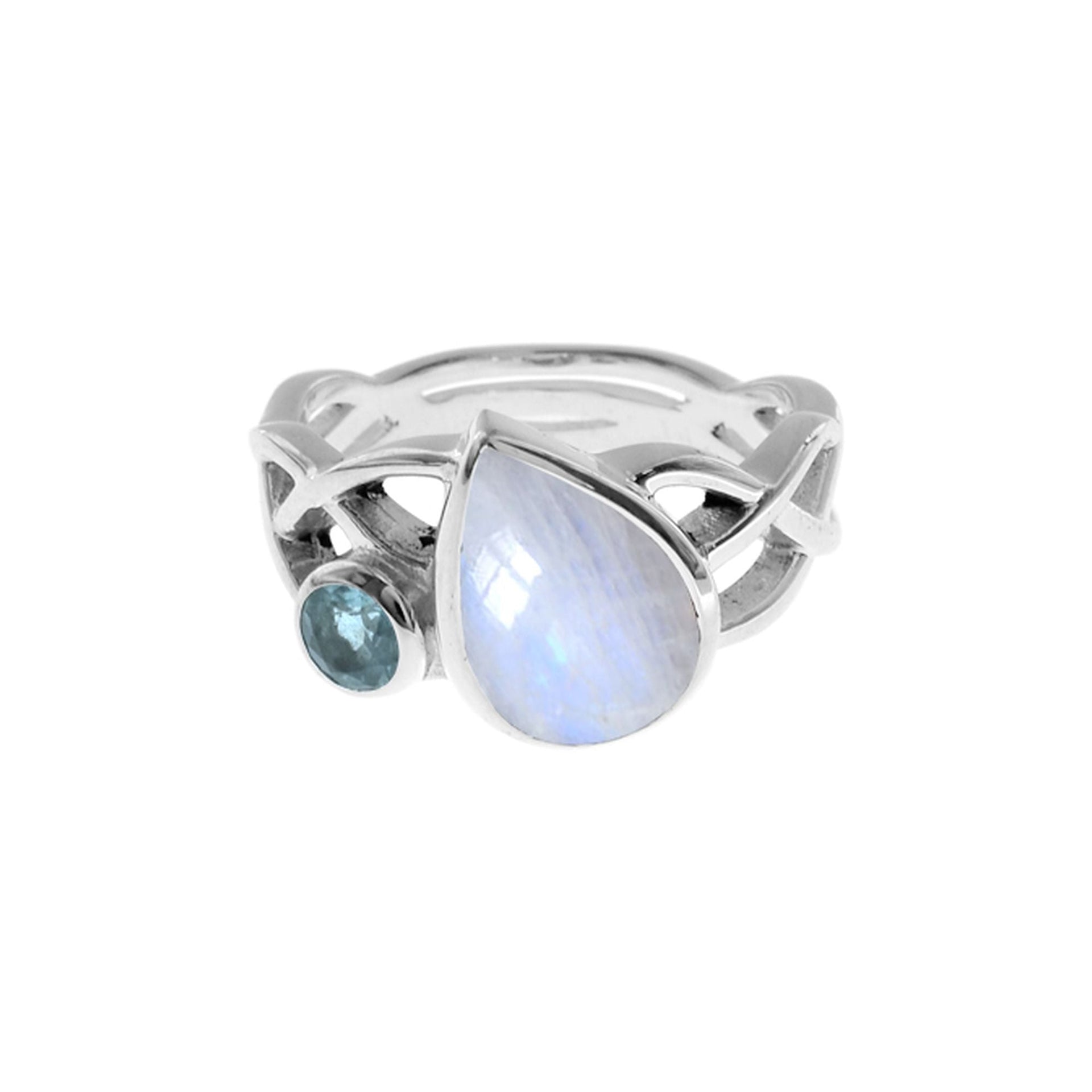 Catalina moonstone & blue topaz Celtic knotwork ring